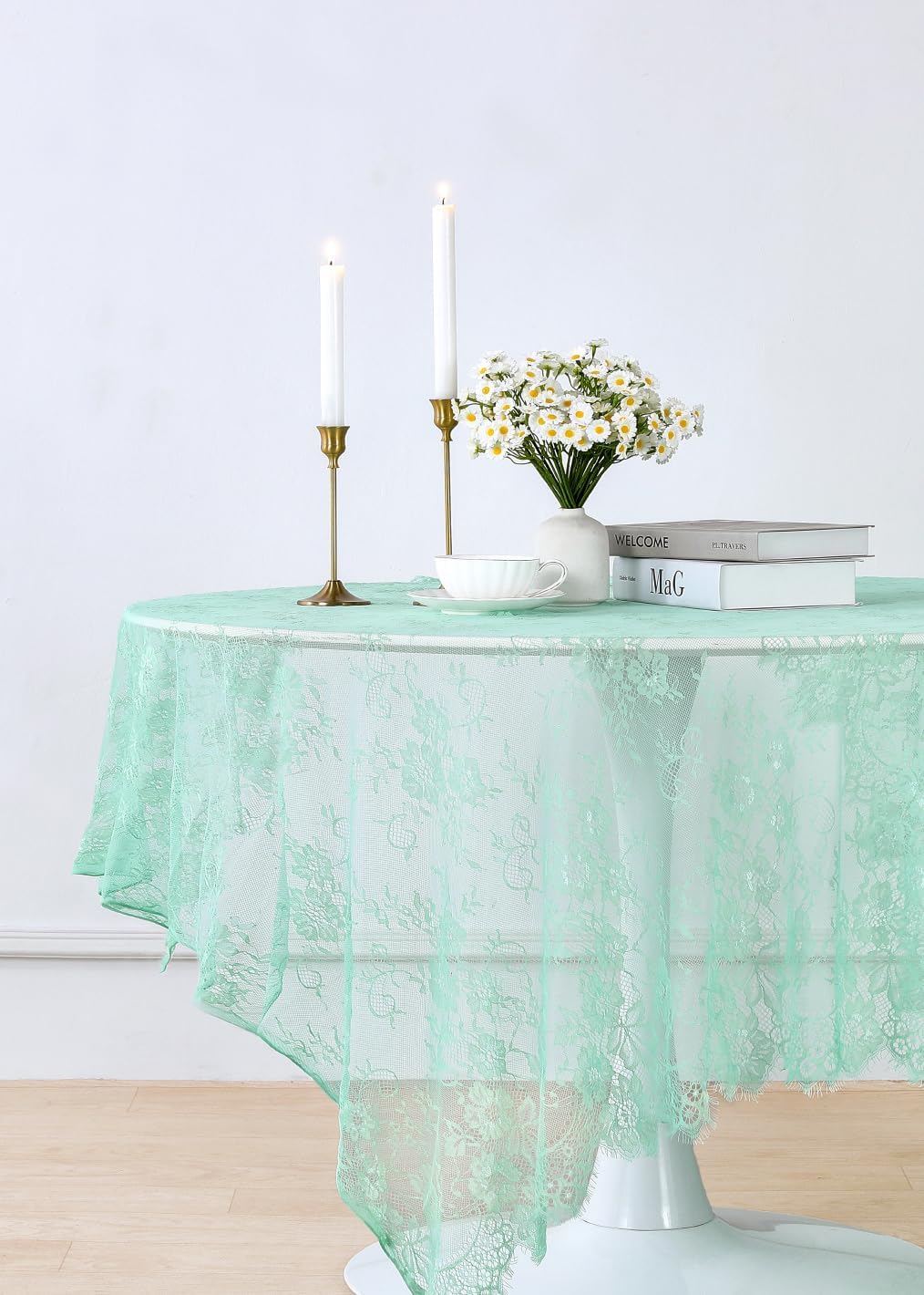 LuoluoHouse Green Lace Tablecloth 6pcs Table Fabric 60x120 Inch for Rustic Wedding Party Decoration Rectangle Overlay Long Embroidered Reception Table Cloth Decor