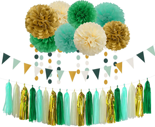 Sage-Green Beige-Gold Baby Bridal-Shower Decorations - 30pcs Rustic Wedding Tissue Pom Poms,Tassel Garland Banner,Birthday Gender Reveal Bachelorette Engagement Party Decor Bunting Lasting Surprise