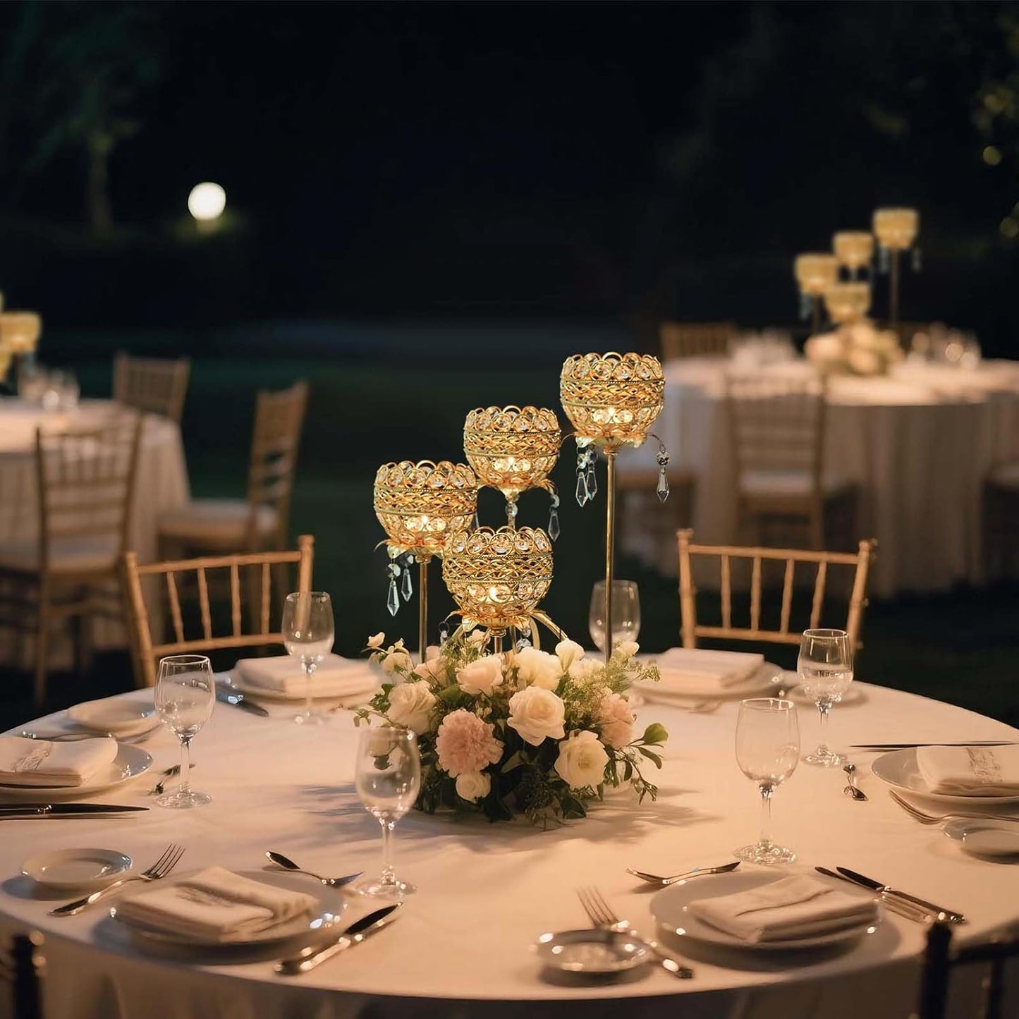 4 Arms Crystal Candelabra Tealight Holder - Tall 15.7 Inch Elegant Centerpiece with Crystal Pendant Bowls & Artistic Metal Stand for Wedding, Dining Table, Home Decor (2, Gold)