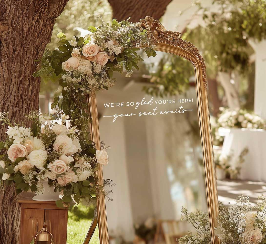 Wedding Sign Decal, Seating Chart Decor, Welcome Vinyl Wedding Mirror Decal, We're So Glad You're Here Seating Chart, Your Seat Awaits Sticker (White, Width 17 inch)