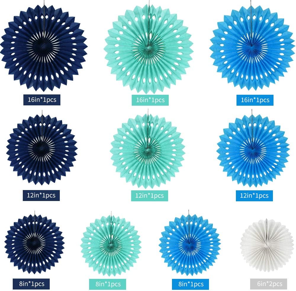 BEISHIDA Blue White Hanging Honeycomb Round Paper Fans Decoration Kit for Baby Boy Shower 1st Birthday Navy Ocean Wedding Under The Sea Theme Photo Booth Backdrops Paper Party Supplies（11packs）