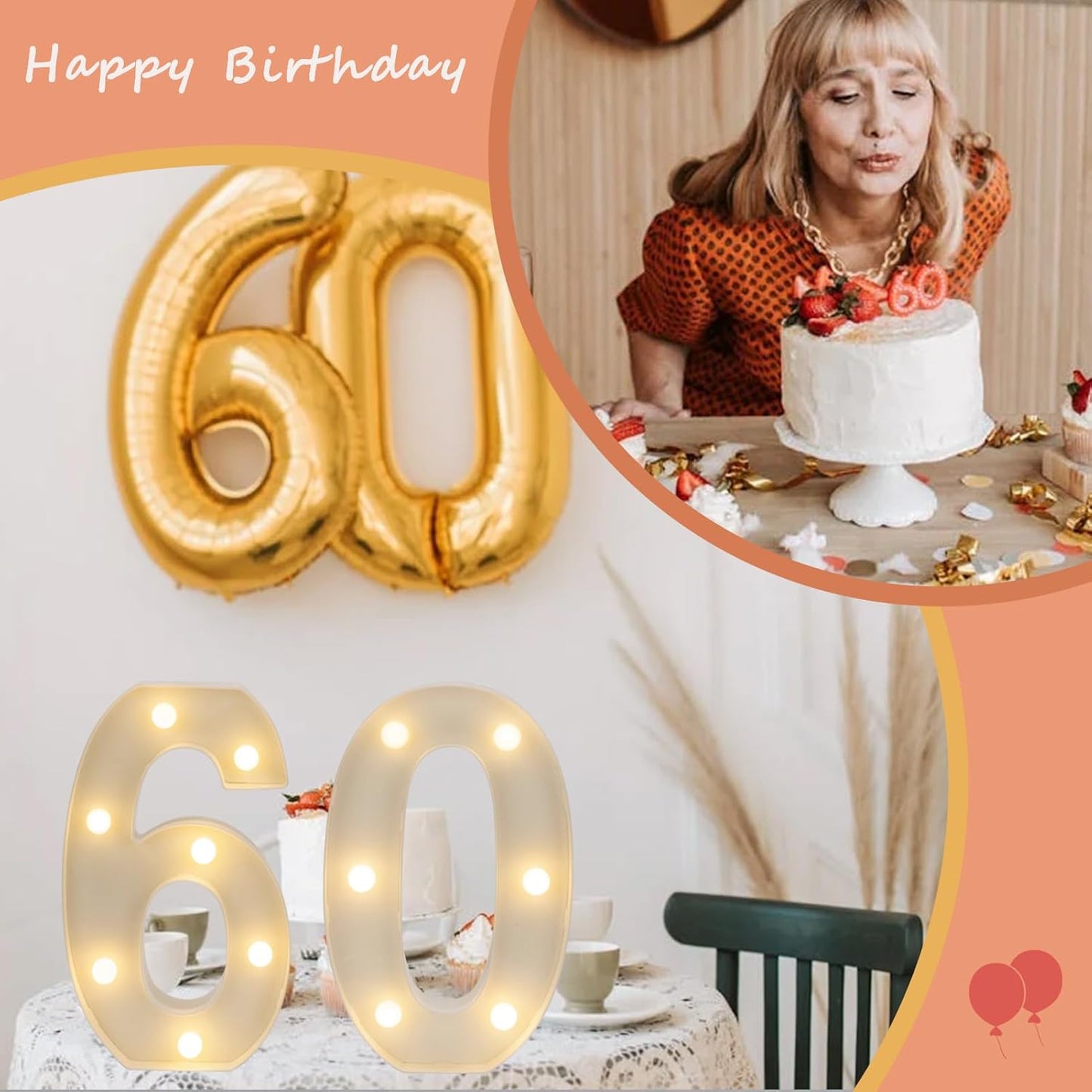 Decorative Led Light Up Numbers, 60th Birthday Decorations, Warm White Led Numbers Lights, Lighted Marquee Number Sign for Sweet 60th Party Decor