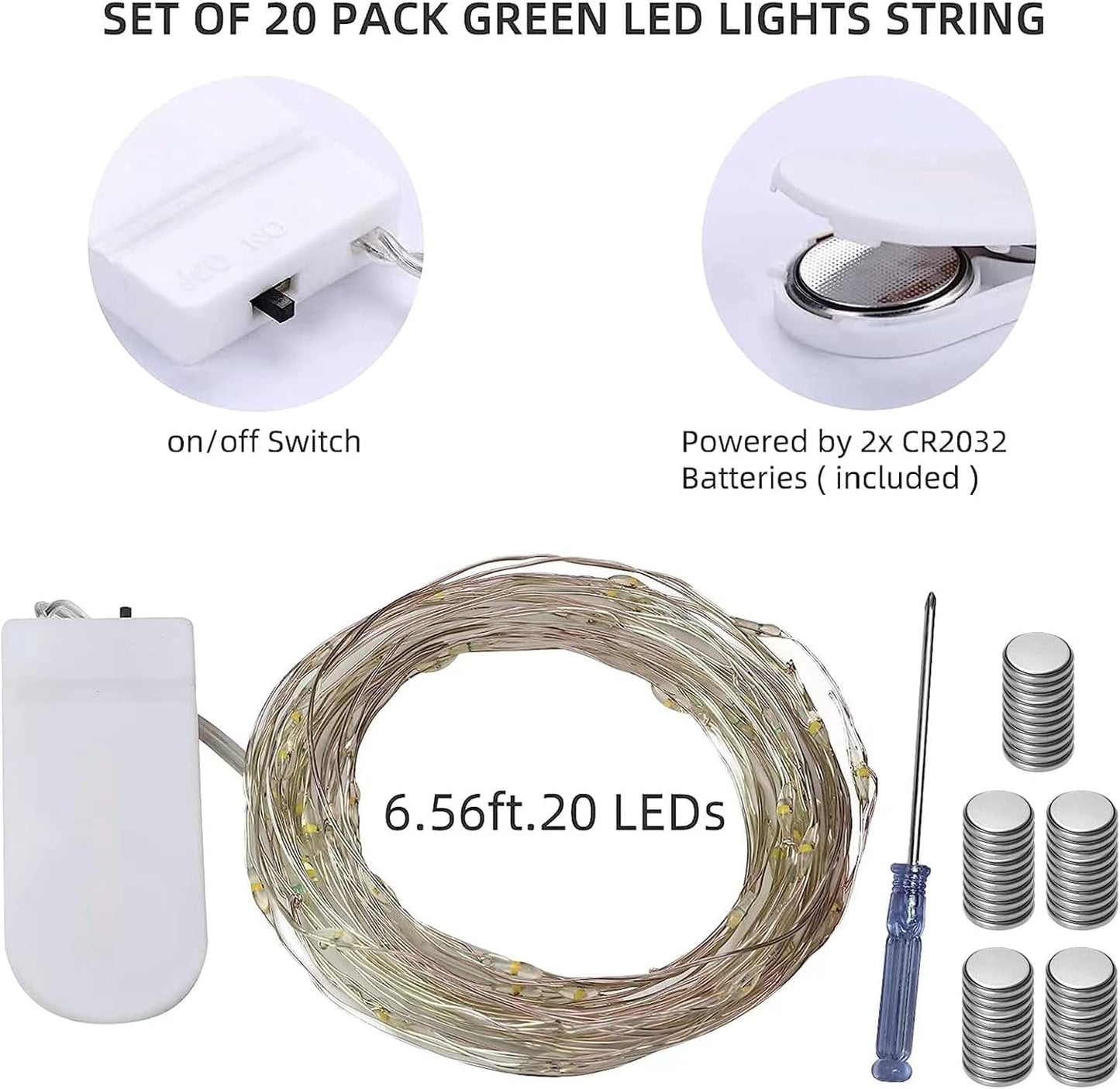 LAMPHOME 20 Pack Fairy Lights Battery Operated String Lights, 20 LED on 6.6FT Silvery Copper Wire, Firefly Fairy String Lights for Wedding Party Mason Jar Christmas Decorations Bedroom Decor(Green)