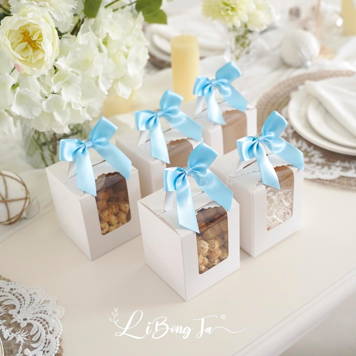 3.5" Blue Bow Satin Pre-Tied Bows for Gift Wrapping, Small Bows for Crafts, Premade Bows, Candy Apple Bows, Twist Tie Bows for Cake Decorating, Party Favor, Wedding Decoration-36 Counts