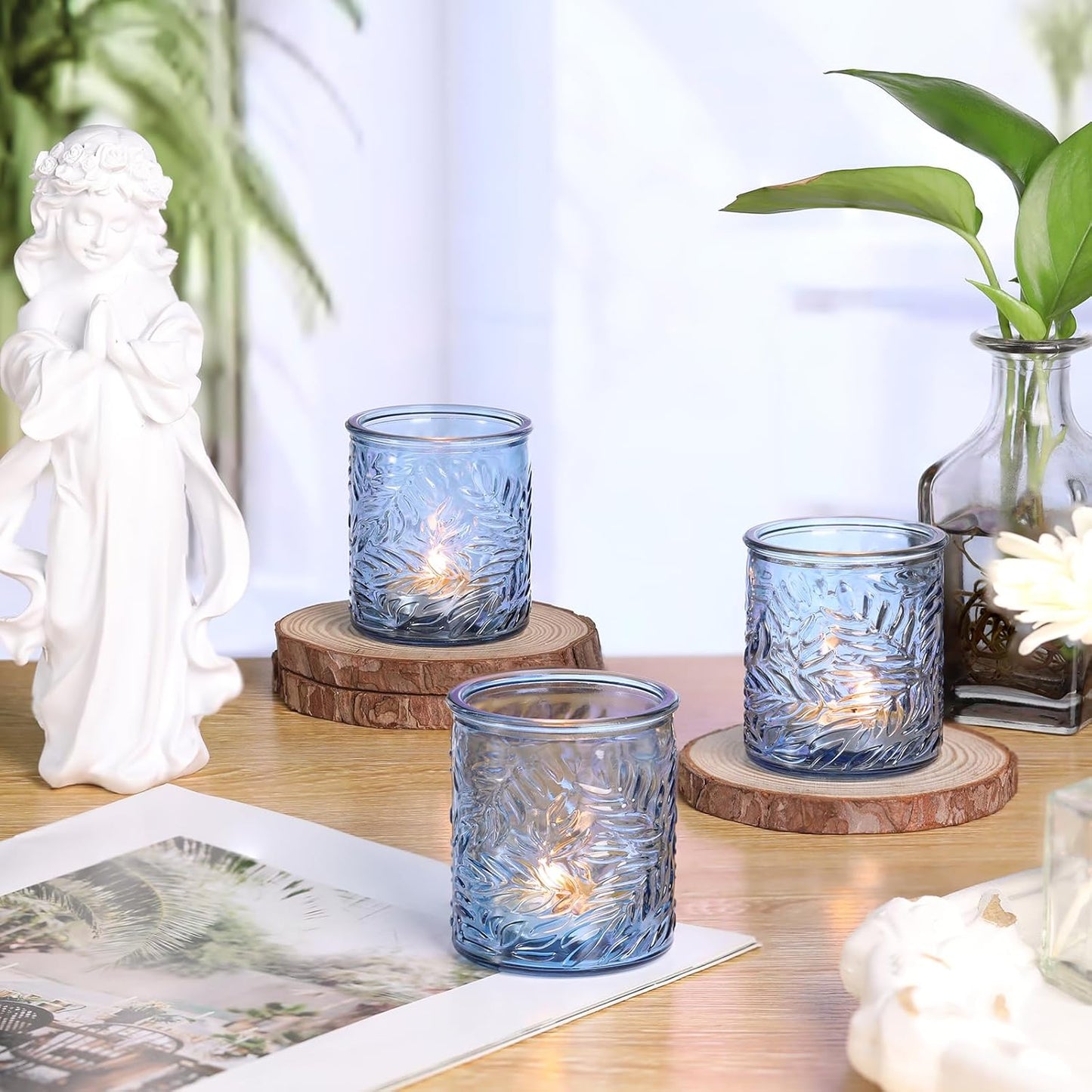 24 pcs Blue Votive Candle Holders, Tea Light Candle Holder for Wedding Centerpieces, Glass Candle Holders for Baby Shower Home Bridal Decoration Table Decor