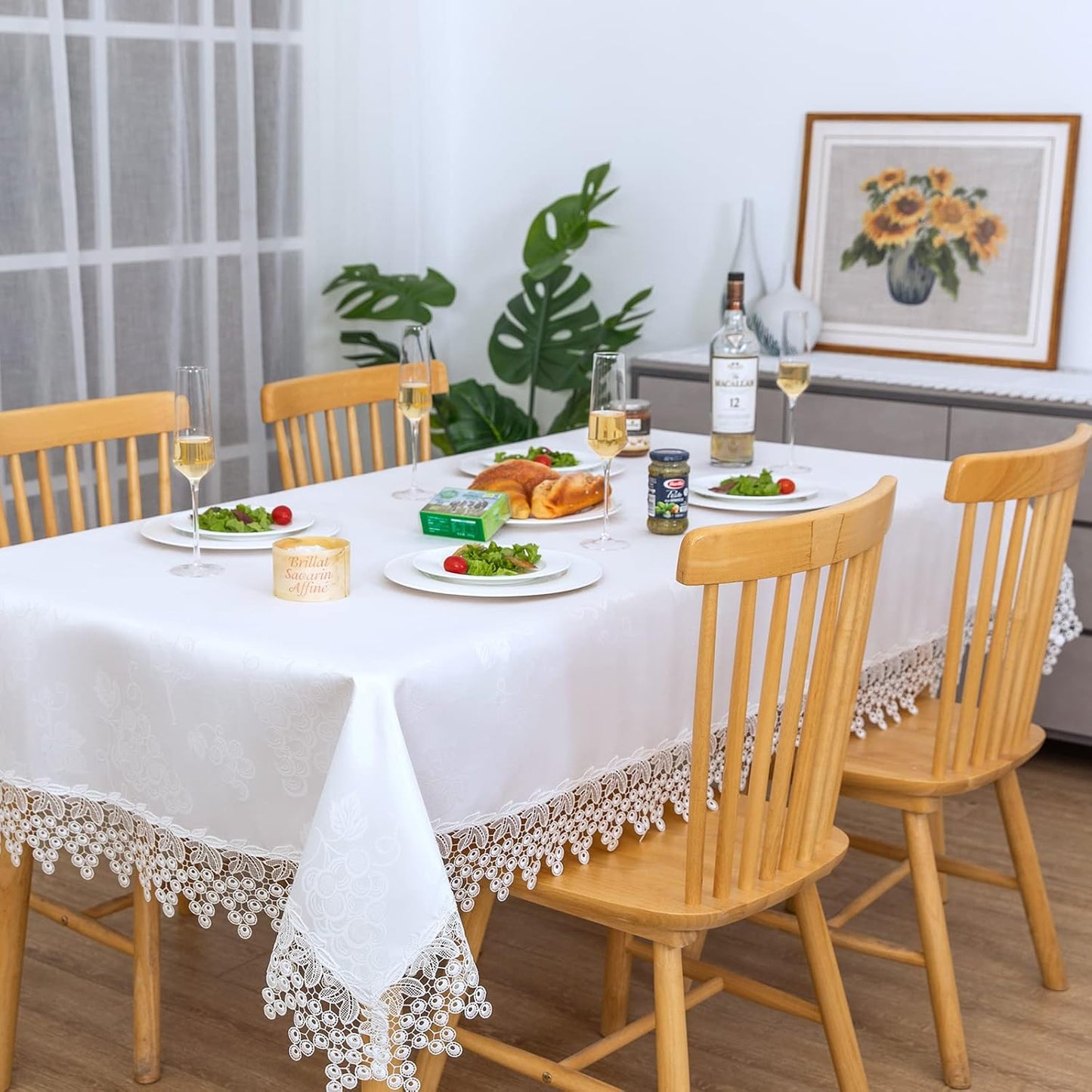 White lace Premium Rectangle Farmhouse Tablecloth Waterproof OilProof SpillProof AntiShrink Soft Wrinkle Resistant Decorative Fabric Table Cover Kitchen Dinning Party Wedding Banquet