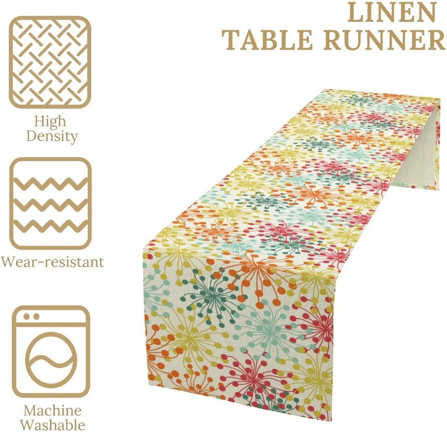 Mid Century Flower Table Runner, Colorful Geometric Abstract Chrysanthemum Vintage Farmhouse Decorations Orange Yellow Gray Table Runner for Kitchen Dining Holiday Party Decor, 13x70 Inch