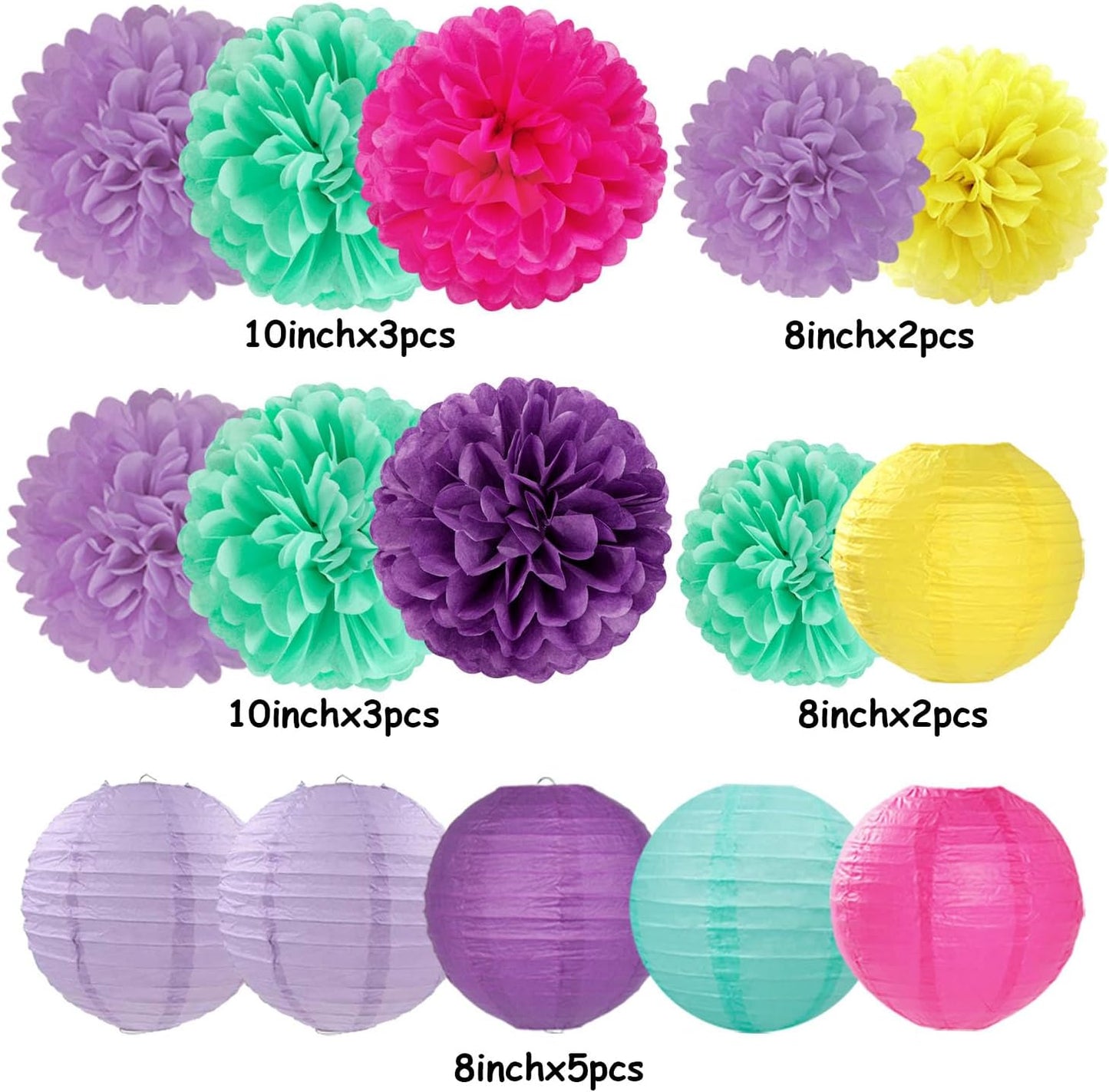 Hot-Pink Purple-Teal Yellow Paper-Flowers Lanterns - 15pc Kids Magic Theme Birthday Party Decorations Tissue Pom Poms Streamers,Bachelorette Bridal Baby Shower Engagement Wedding Decor Panduola