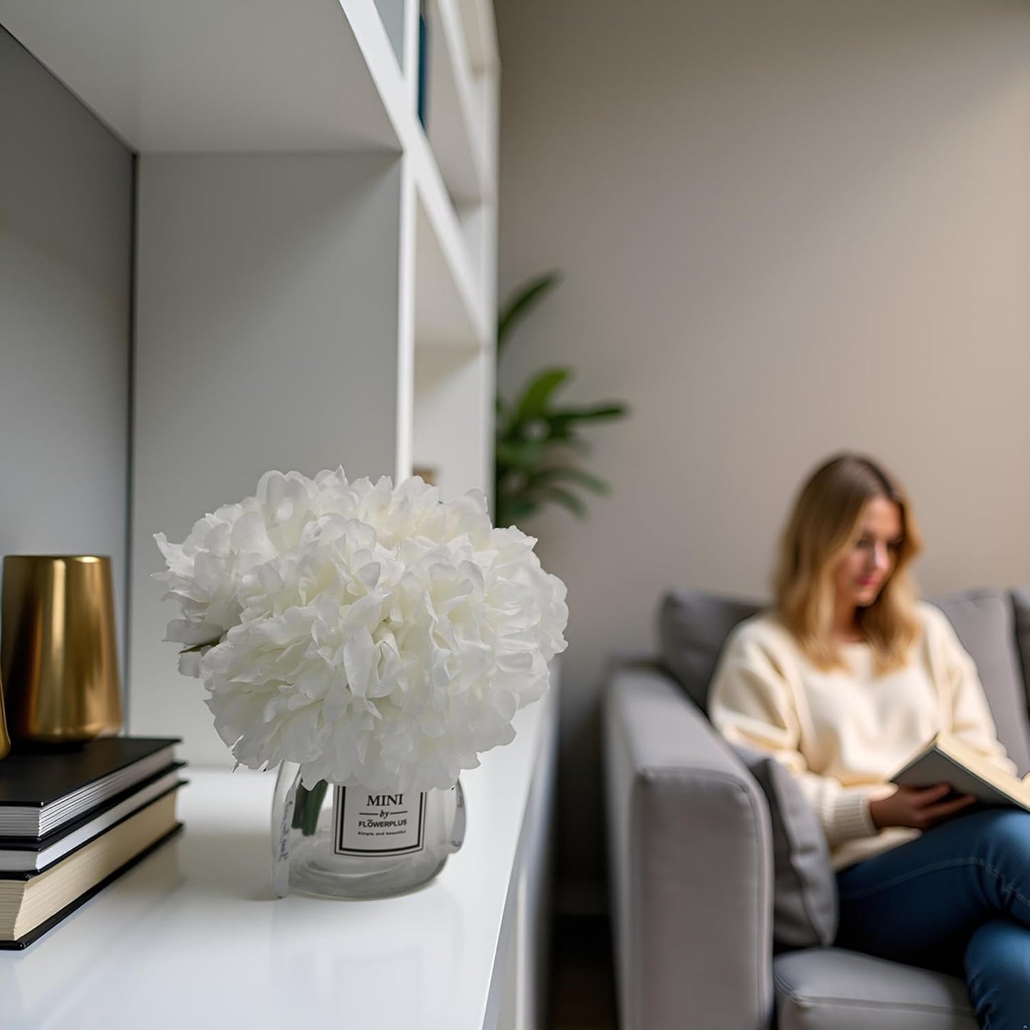 LADADA Artificial White Peony and Glass vase Decoration, Glass Bottle Set,Suitable for Living Room, Dining Table, Wedding, and Other Home Decoration