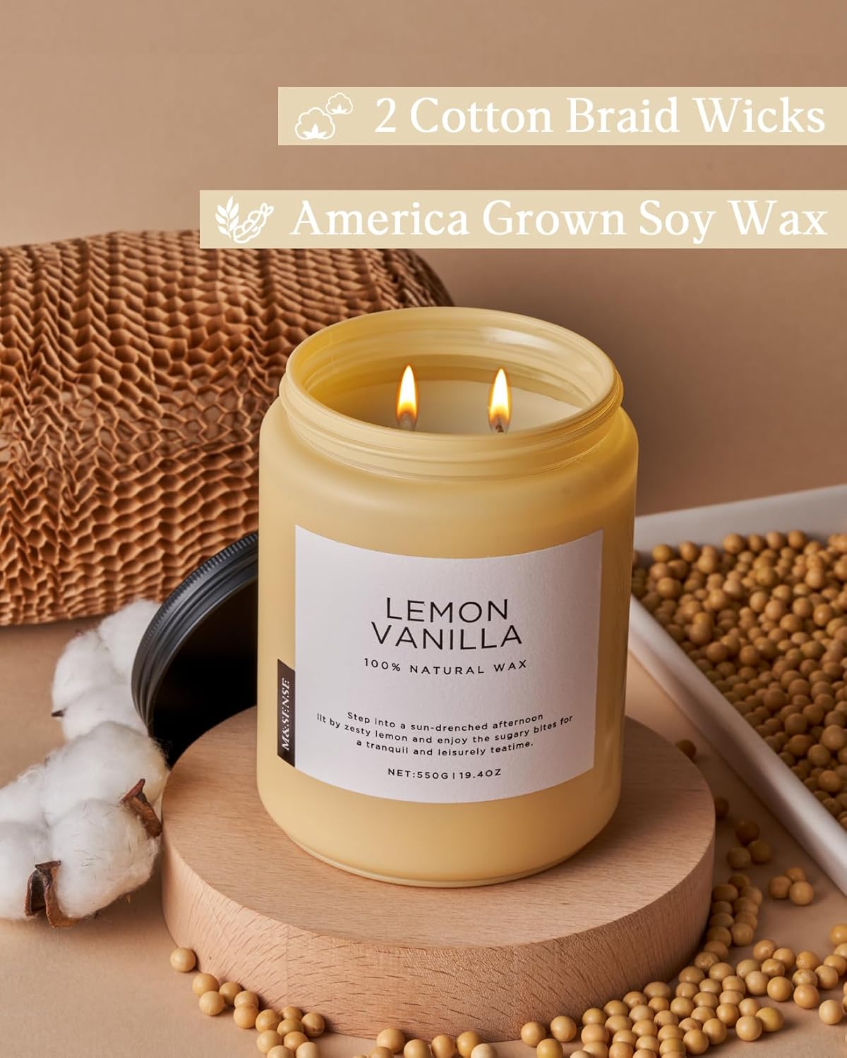 M&SENSE Candles Lemon Vanilla Scented, 19.4oz 110 Hours Long Lasting for Home 2 Wick Natural Soy Wax Non Toxic Candles in Glass Jar, Stress Relief Gifts for Women and Men