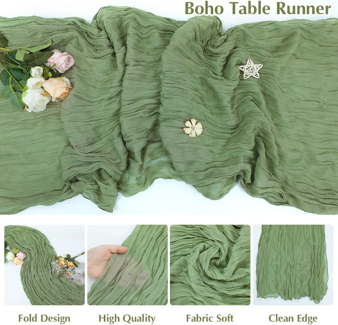 10 Pack Olive Green Cheesecloth Table Runner -21*120Inch Long Boho Wedding Table Decor, Rustic Gauze Fabric Runner for Bridal Showers, Baby Showers & Parties (Sheer, Lightweight, Wrinkled Design)