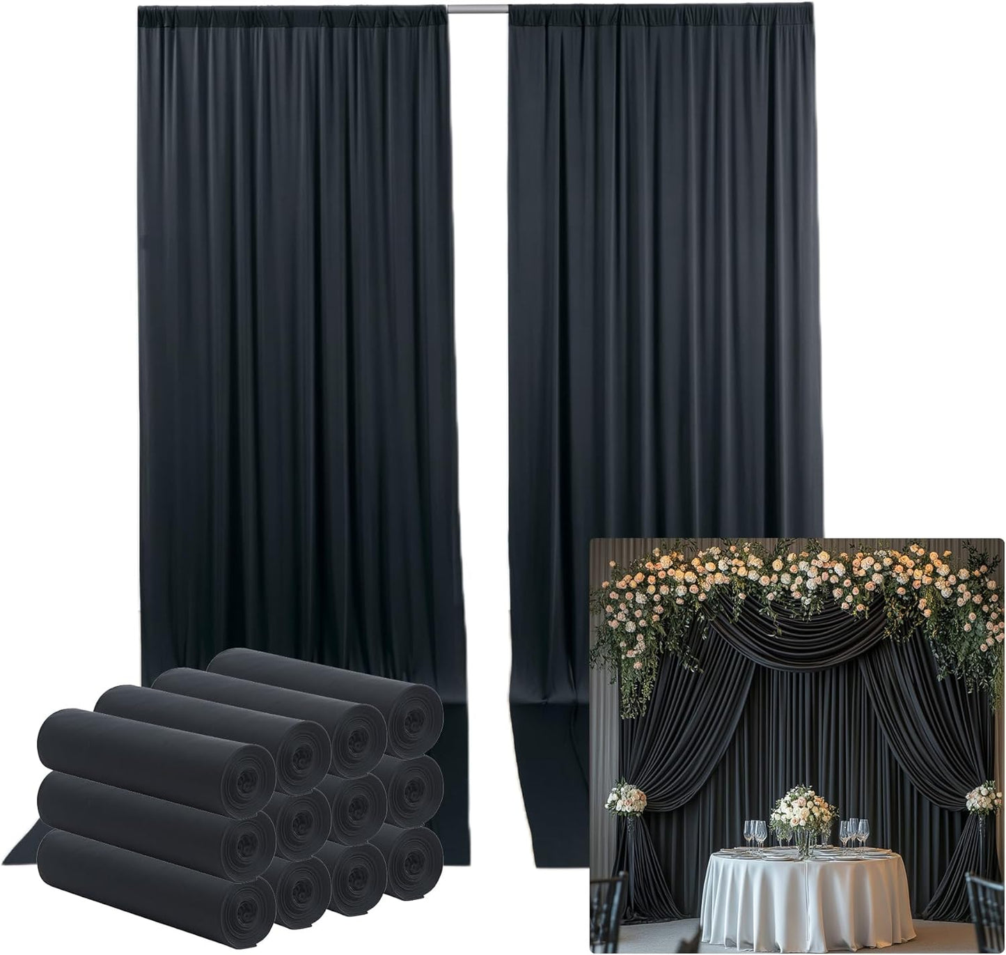 60ftx14ft Wrinkle Free Black Backdrop Curtain, 12 Panels 14FT Height Black Wedding Backdrop Drapes, Silky Polyester Back Drop Cloth for Birthday Photography Background Party Backdrop Draping