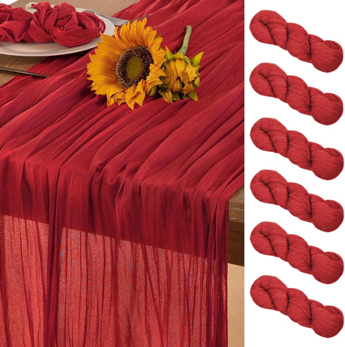 Red Cheesecloth Table Runner 6 Pack Fall Table Runners Boho Gauze 120 Inches Red Cheese Cloth Fall Table Decorations for Thanksgiving Weddings Bridal Baby Shower Candlelight Dinner Party