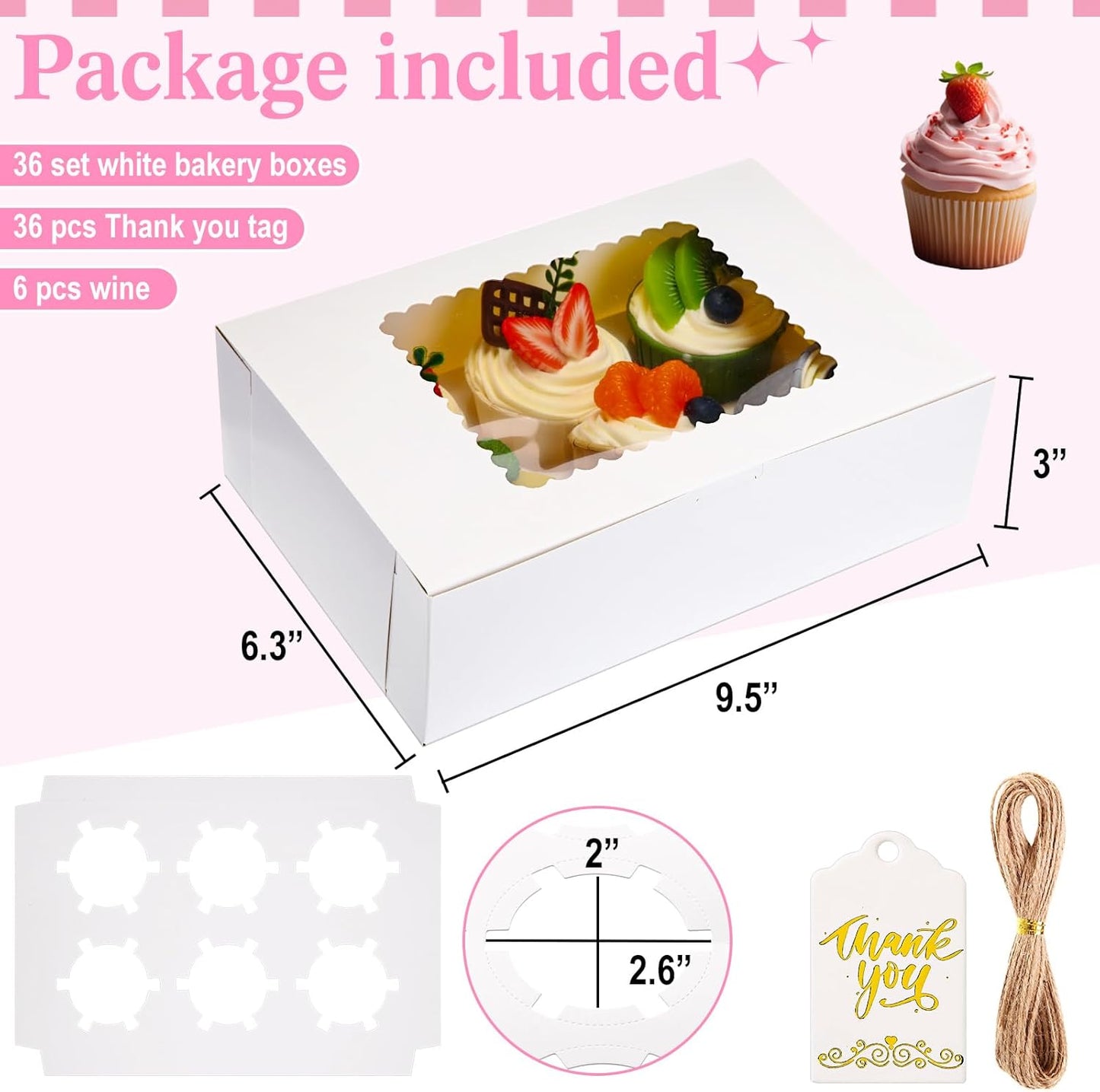36 Pack Cupcake Boxes Hold 6 Count Disposable Cupcake Containers with Window and Cake Carrier with Thanks Card and Jute Rope to Muffins Cupcakes Cookies Gift Wrapping(White)