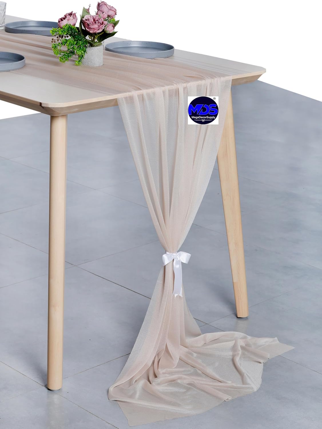 MDS 2 Pack 14ft Chiffon Table Runner 29 x 170 Inches Sheer Wedding Runner Romantic Rustic Table Runner for Wedding Decorations, Birthday Parties, Bridal Shower Party Arch Decor - Nude