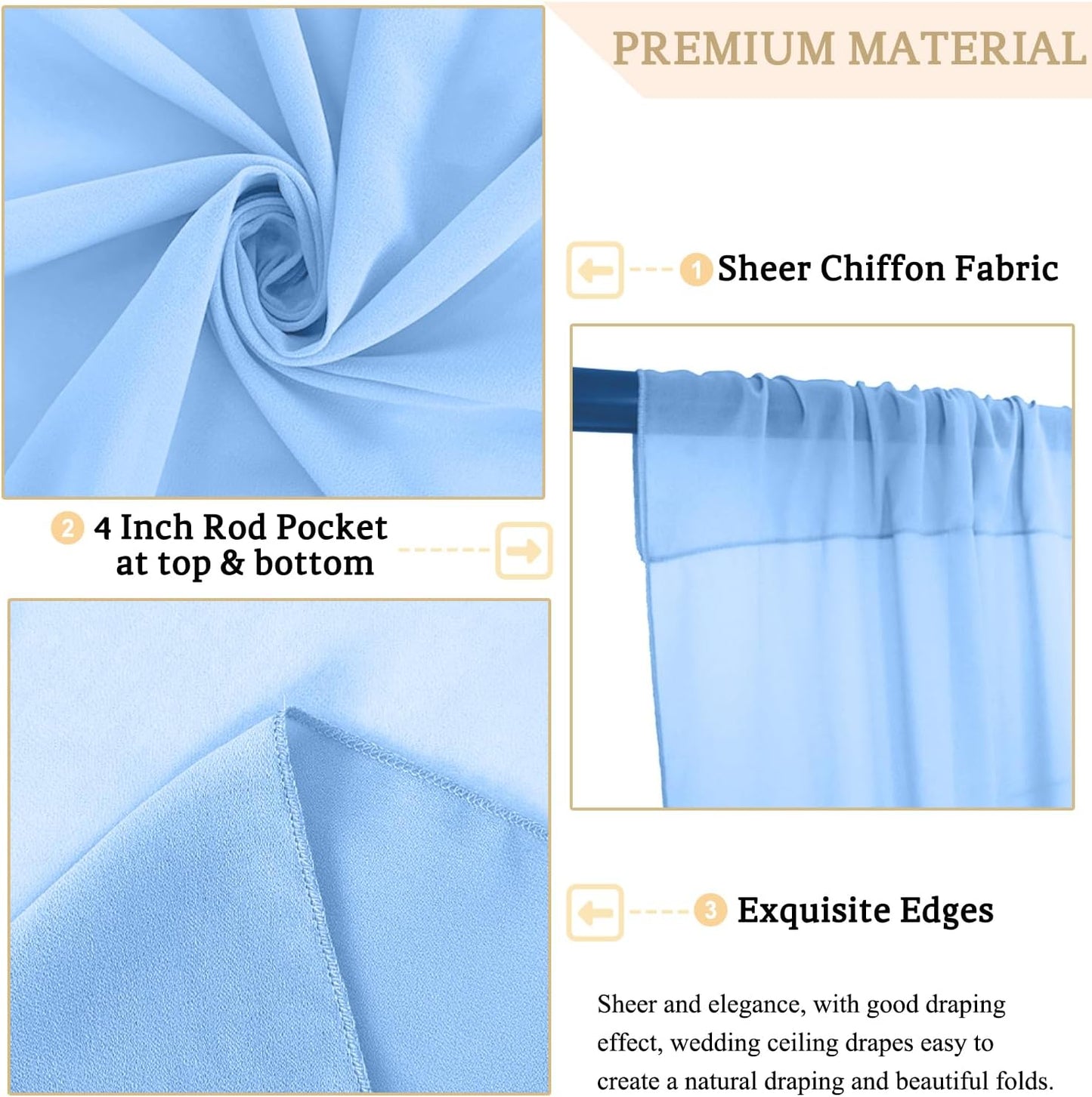 MODFUNS Light Blue Ceiling Drape 5x20ft 4 Panels Chiffon Ceiling Draping Fabric Sheer Wedding Arch Drapery Stage Canopy Ceiling Drapes Chiffon Curtain Drapes for Arbor Swag Tent Party Decoration