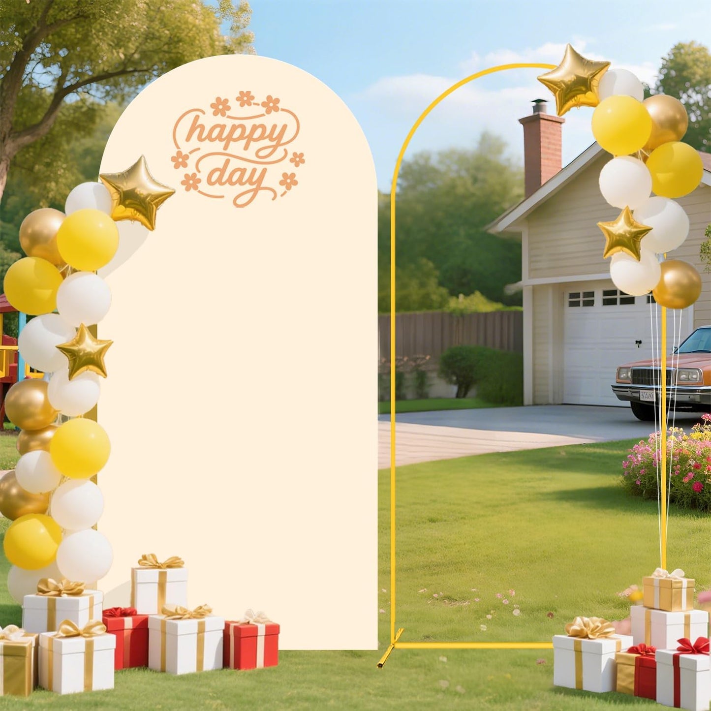 FUHSY Wedding Backdrop Arch Stand with Beige Arch Cover 7.2FT Metal Arch Backdrops Stand and Cover Set Balloon Backdrop Arches for Wedding Ceremony Graduation Bridal Baby Shower Event Decorations