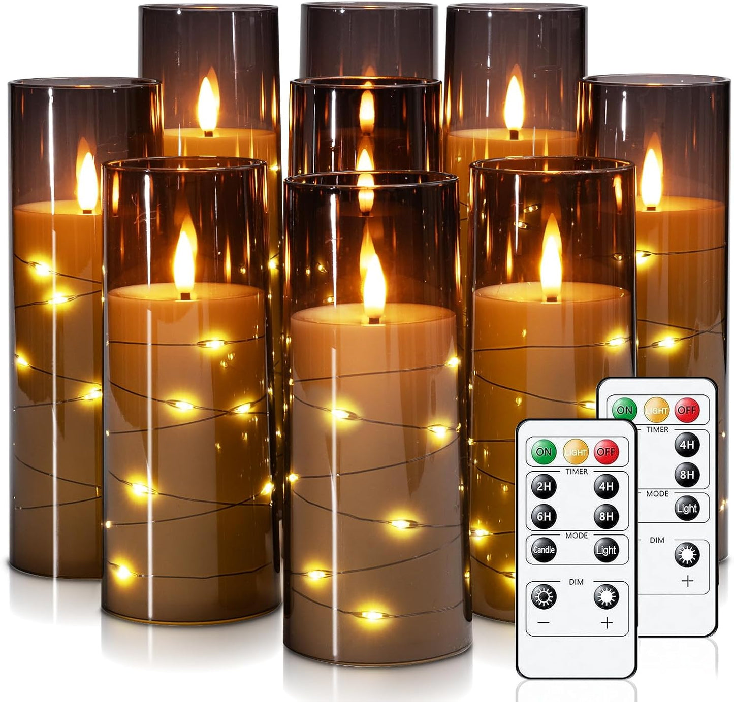 Raycare Flameless Candle with Remote Timer – 9 Flickering Acrylic Battery Operated LED Pillar Candles with Embedded Star String for Halloween, Fall Decor, Harvest Festival Gifts(Grey)
