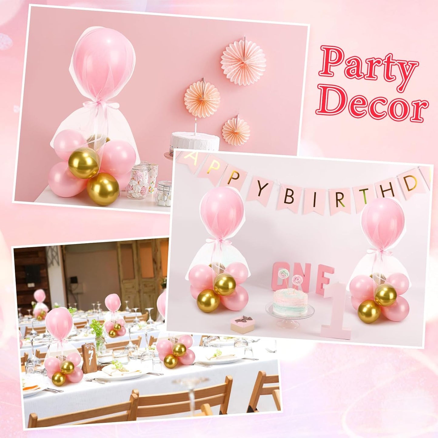 BBTO 8 Set Table Centerpieces Balloons Stand Kit, 80 Pcs Latex Balloons and Table Stand Holder with Base Tulle for Wedding Birthday Baby Shower Party (Pink, Gold)
