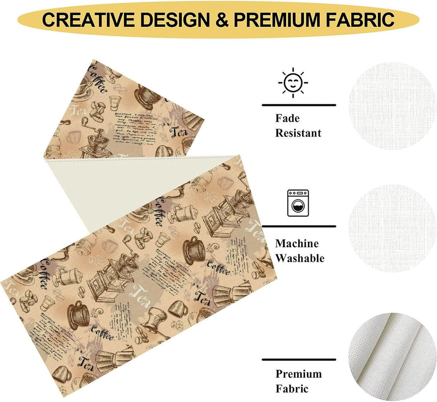 Coffee Theme Table Runner, Rustic Farmhouse Coffee Cup Tea Party Cafe Table Center Decor for Home Kitchen Dining Patio Holiday Party Indoor Outdoor Table Decorations,13"x72" Inch