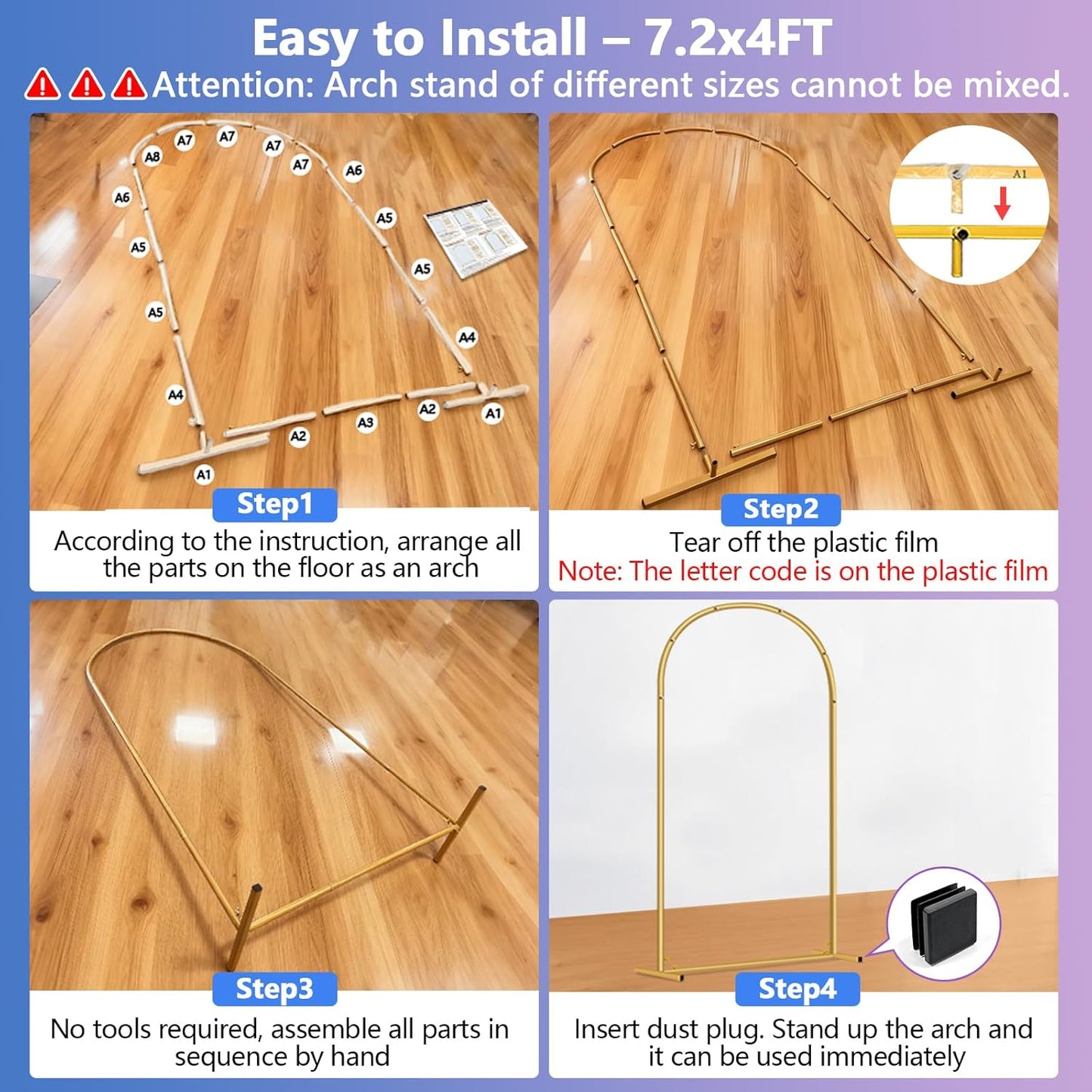 HEMMOTOP Metal Arch Backdrop Stand, Set of 3 (7.2ft / 6.6ft / 6ft) Wedding Arch Stand for Party, Birthday, Baby Shower - Background Arched Frame for Garden Decor, Gold Flower Arches Stands, 3 Pieces