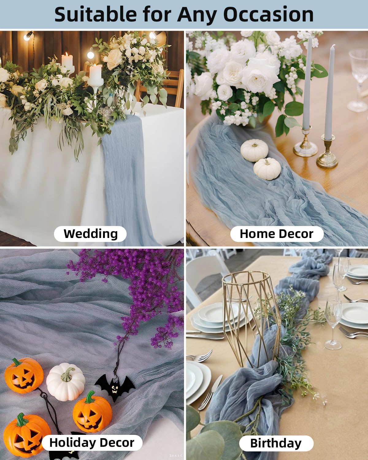 Dusty Blue Cheesecloth Table Runner 120 Inch, Summer Boho Gauze 10 FT, Rustic Cheese Cloth Table Runner for Wedding, Baby Bridal Shower, Party, Farmhouse Centerpiece Home Decorations