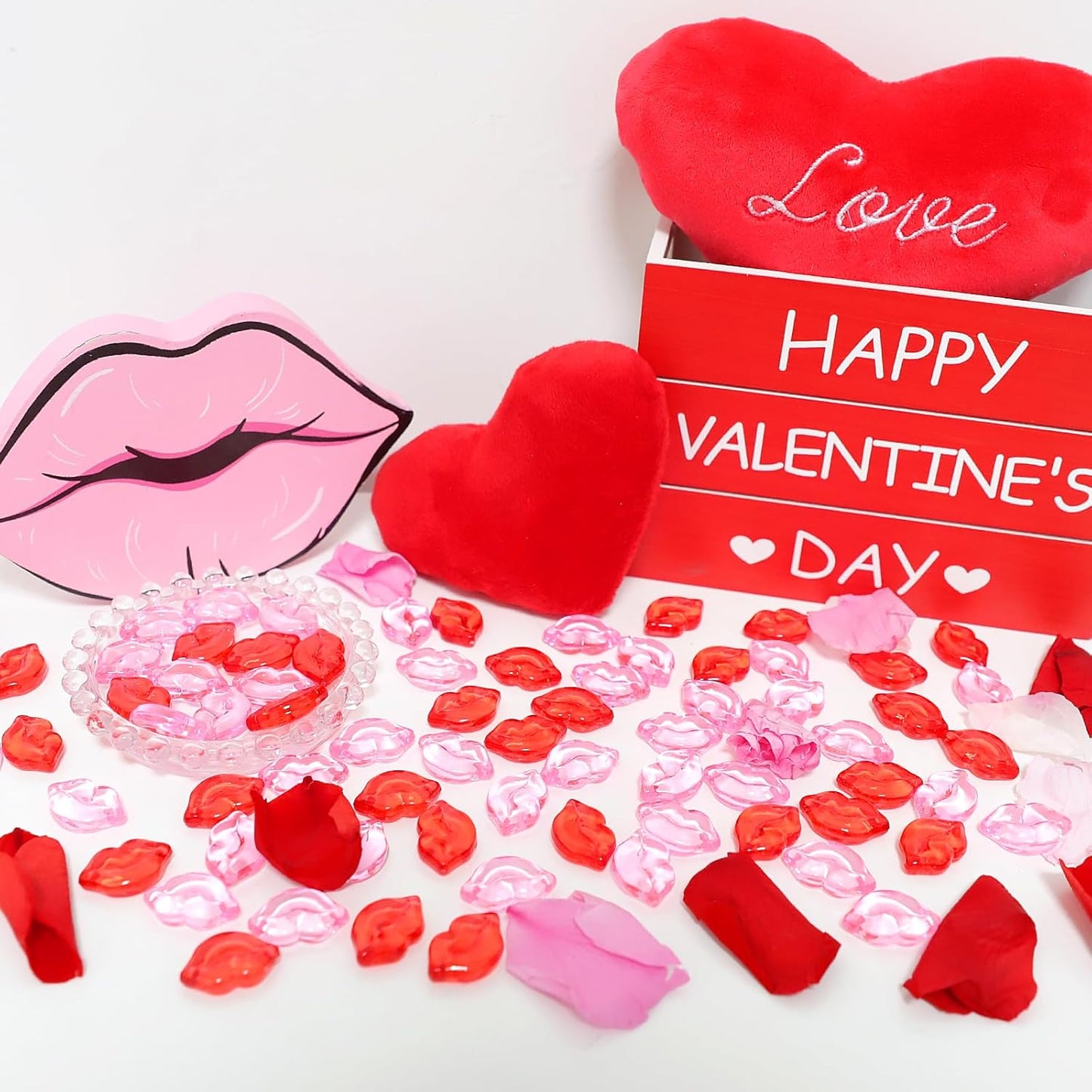 Fangoo 210PCS Red Pink Acrylic Lips Ornaments Mini Acrylic Lips Gems for Valentine Vase Filler Decor for Table Scatter Engagement Valentine's Day Wedding Anniversary Party (RedPink-Lip, 12OZ)