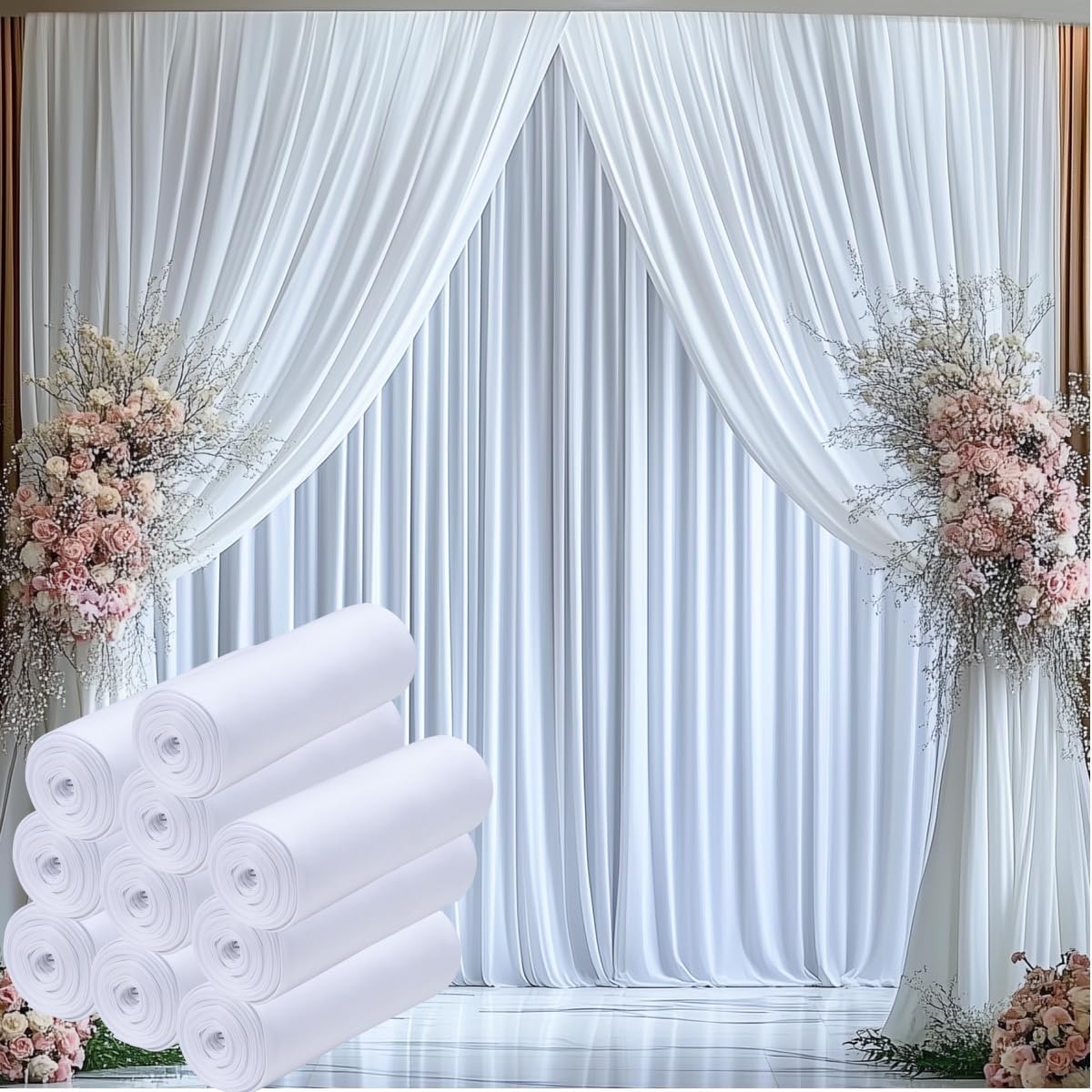 50ftx15ft Wrinkle Free White Backdrop Curtain, 10 Panels 15FT Height White Wedding Backdrop Drapes, Silky Polyester Back Drop Cloth for Birthday Photography Background Party Backdrop Draping