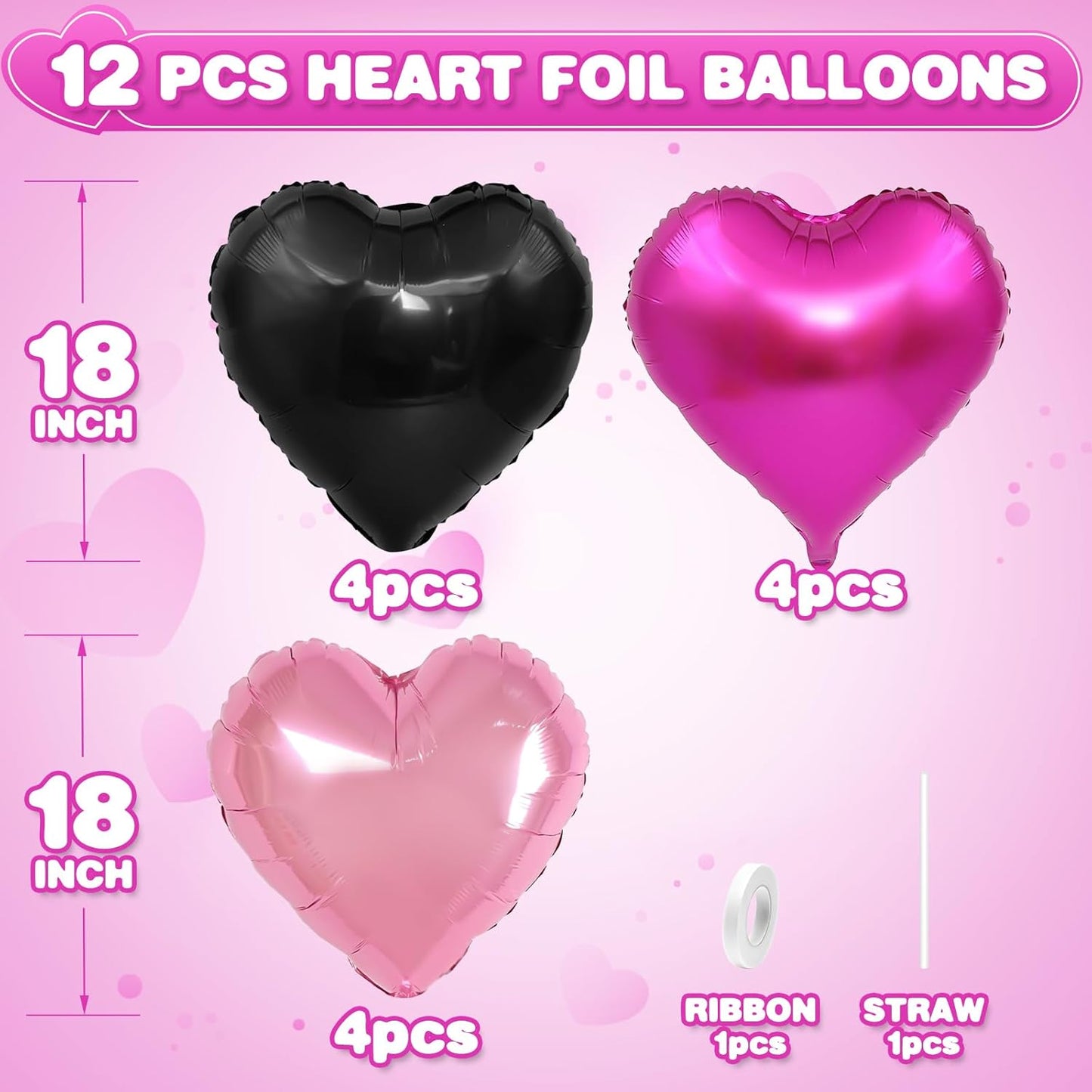 Pink Black Heart Balloons,12Pcs 18Inch Hot Pink Black Heart Shaped Foil Helium Balloons for Baby Shower Birthday Anniversary Wedding Engagement Party Decorations
