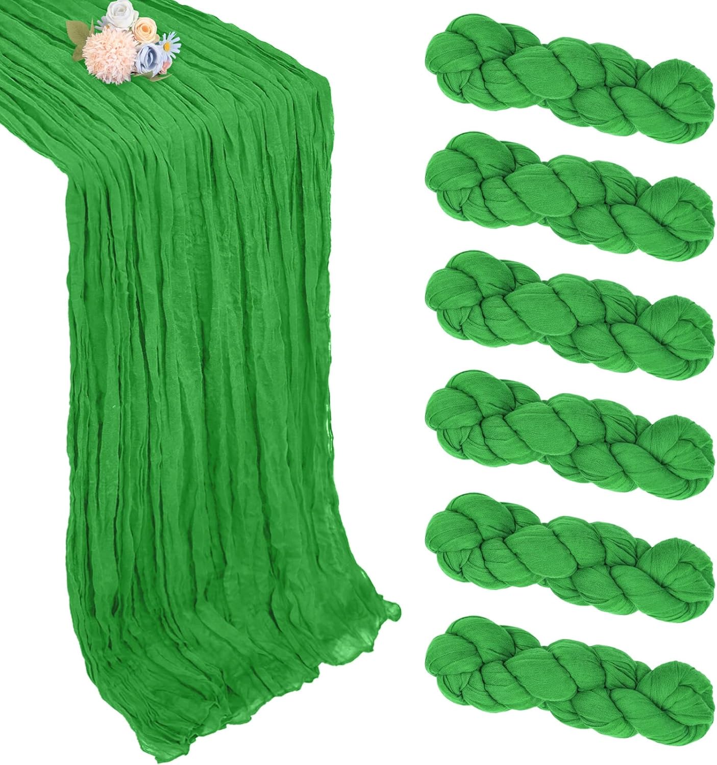 6 Pack Green Cheesecloth Christmas Table Runner 10ft Boho Gauze Fabric Cheese Cloth Table Runner 35 x 120 Inch Rustic Sheer Runner for Romantic Wedding Decor Baby Shower Party Centerpiece Decoration
