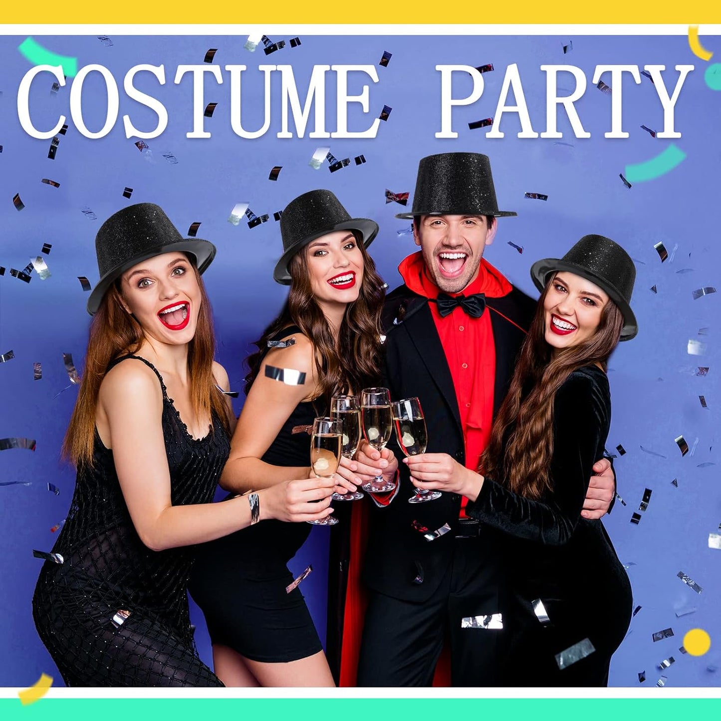 Hillban 12 Pcs Top Hats Halloween Glitter Plastic Retro Disco Party Hats for Halloween Magician Birthday Wedding Carnivals(Black,Classic)