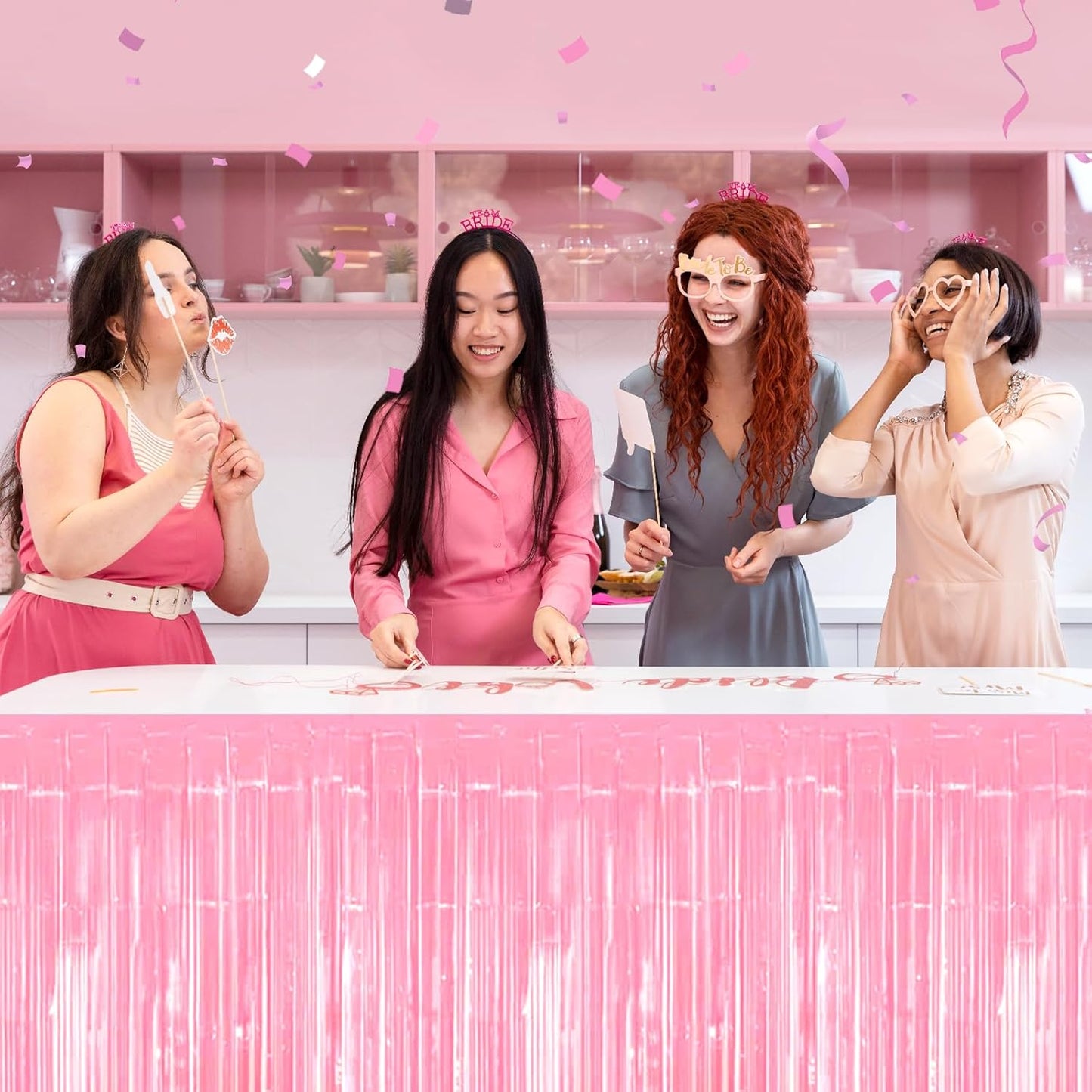 3 Pack 29 x108 Inch Macaron Pink Foil Fringe Table Skirts Metallic Banner for Tinsel Streamer Garland Backdrop for Parade Floats Wedding Thanksgiving Birthday Christmas New Year Party Decoration