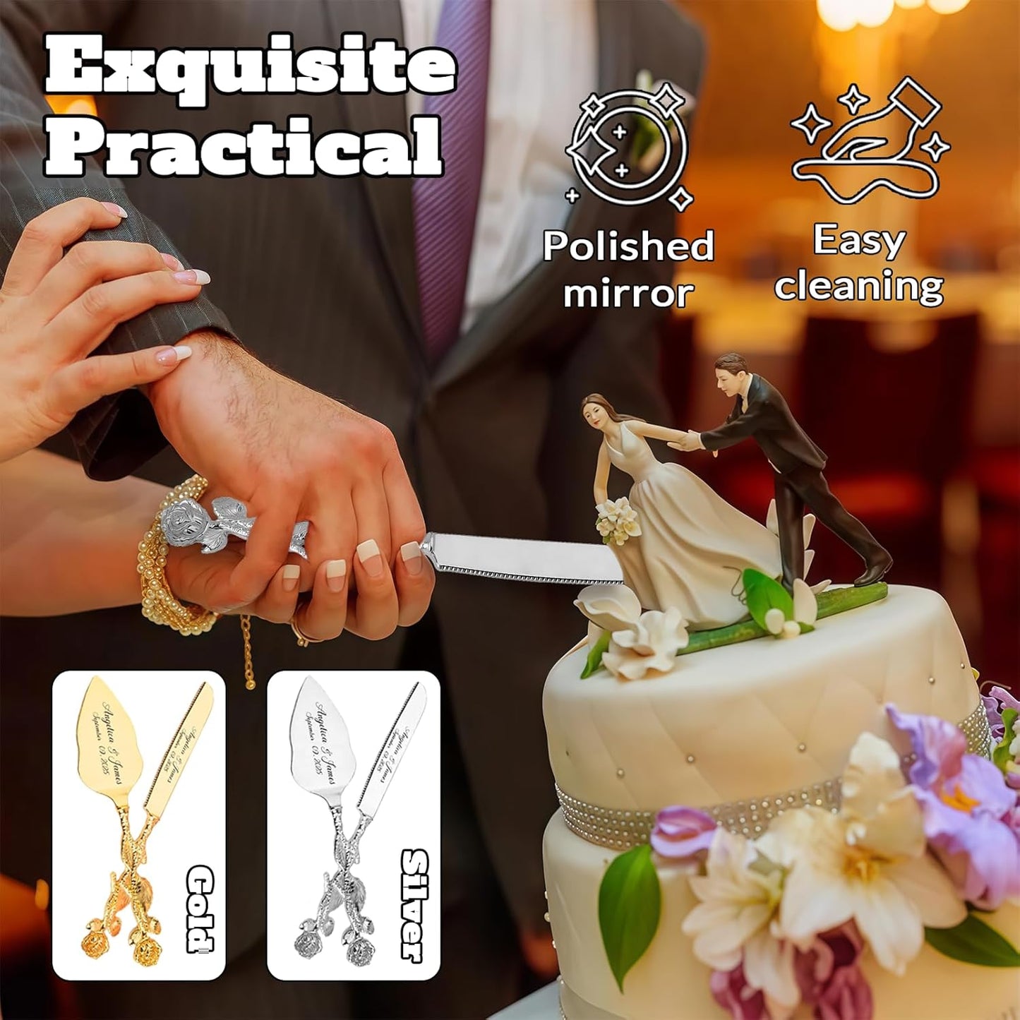 Personalized Wedding Cake Knife and Server Set, Custom Name/Date Cake Cutting Set for Wedding, Customized Cake Cutter for Bridal Anniversary Birthday Couple Gifts (Rose-Silver)