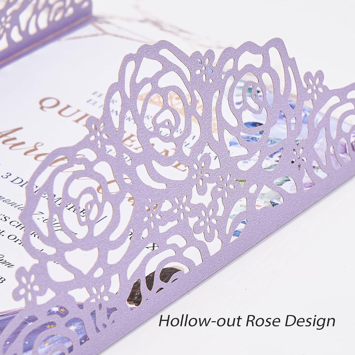 Purple Butterfly Laser Cut Wedding Invitations 50 Set, Hollow Out Rose Shaped Wedding Invites for Bridal Shower Quince Invitaciones Para Boda (Blank Inner Sheet, No Pattern)