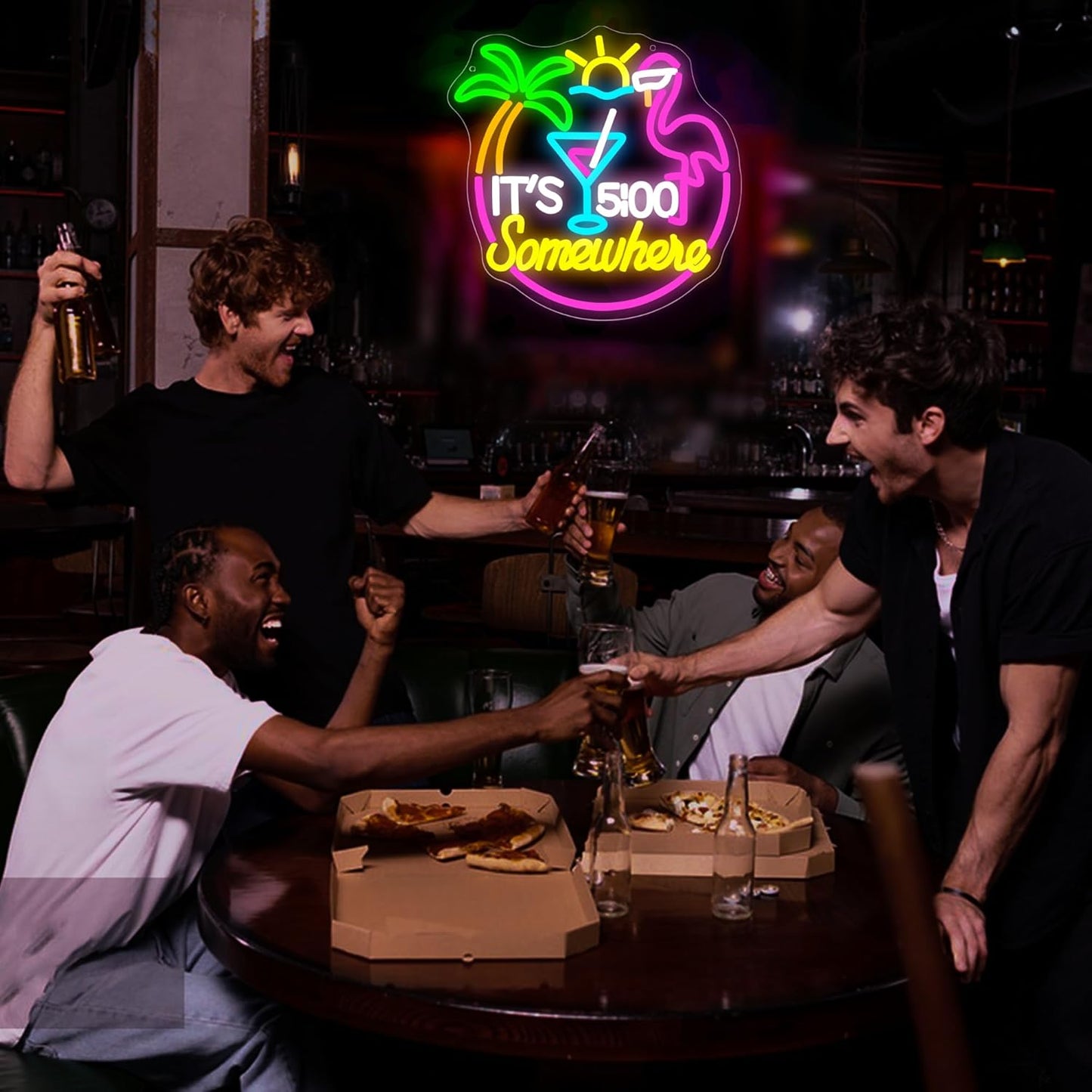 Its 5 O'clock Somewhere Neon Sign for Wall Decor Dimmable Led Flamingo Cocktail Neon Light for Man Cave Tiki Bar Home Beer Bar Beach Party Bedroom Christmas Birthday Gift Size 13.1 * 12.9In (WZCP167)