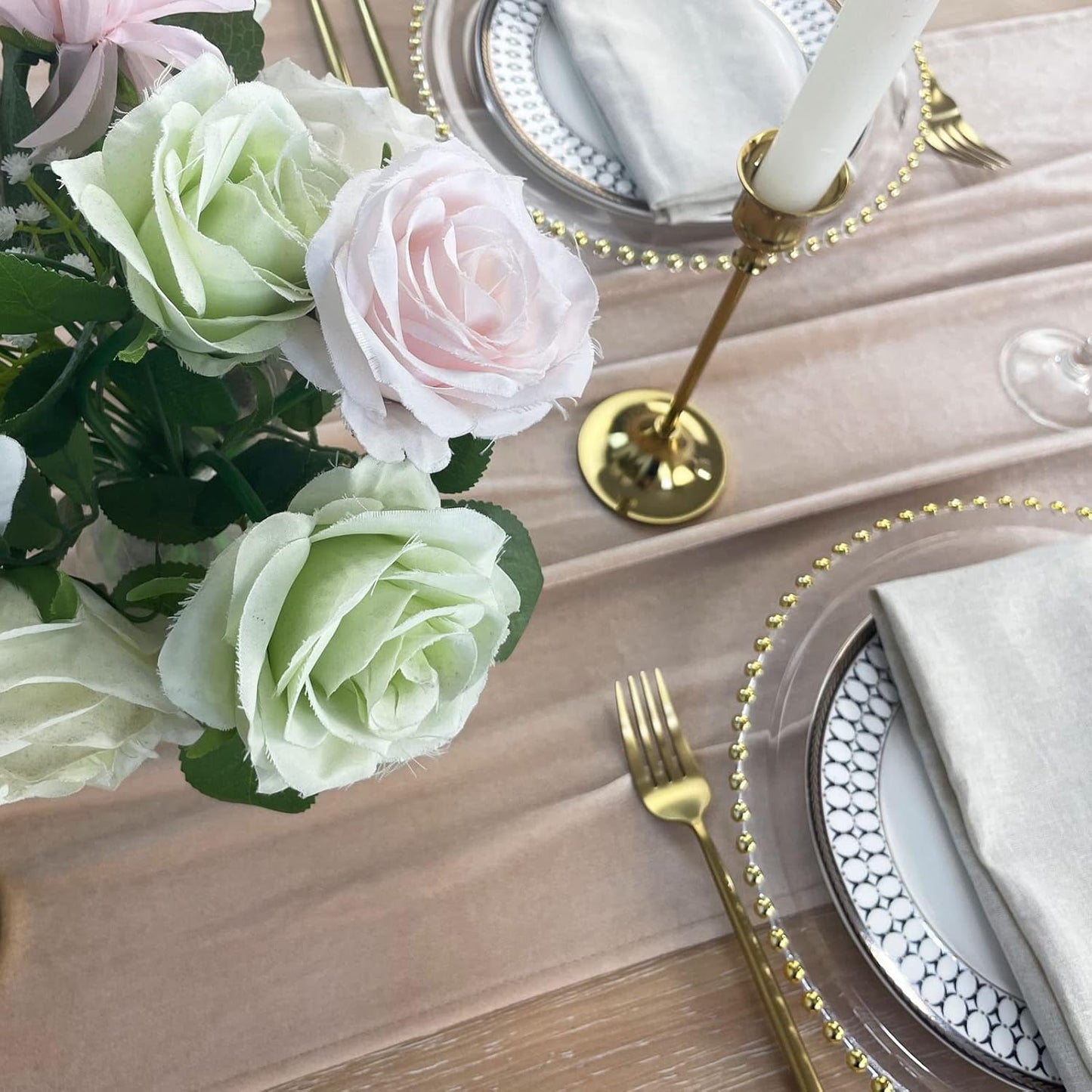 Luxurious Velvet Table Runner, 10ft Wedding Reception Decorations, 20x120inch Soft Velvet Fabric, Table Linen Overlay, Wedding Table Runners (Champagne, 20X120inch)