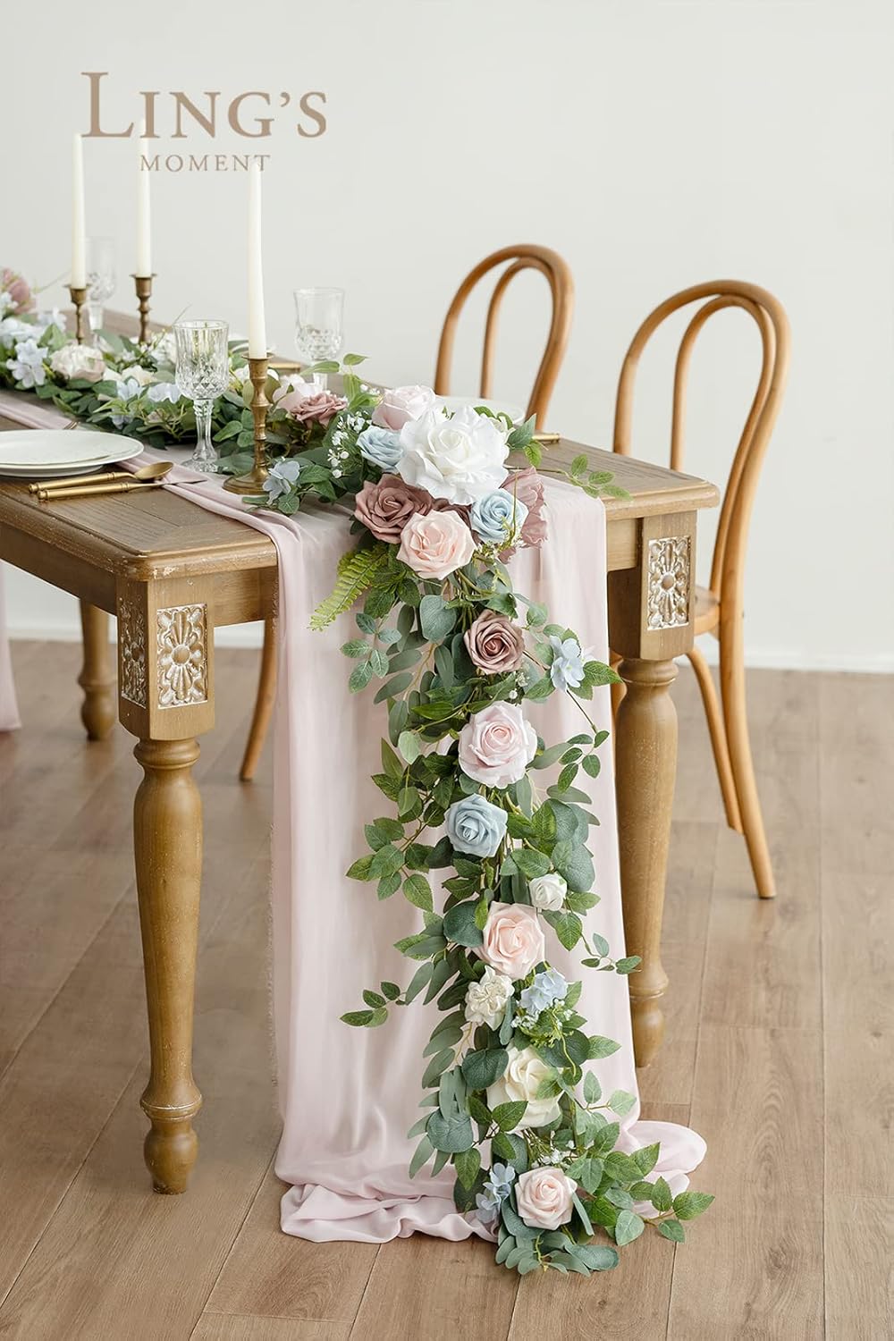 Ling's Moment Flower Garland - 6FT Eucalyptus & Rose - Sweetheart Table Decor for Wedding Reception, Artificial Floral Garland for Mantle, Thanksgiving, Christmas Decoration, Blush Powder Blue