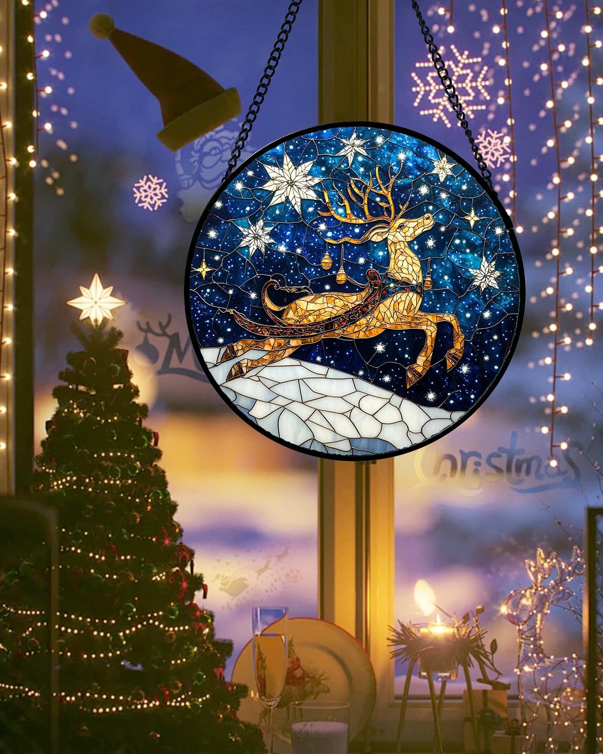 Stained Glass Window Hanging - Reindeer Blue Starry Sky Suncatcher for Doors Home Christmas Decoration Winter Sun Catcher Thanksgiving New Year Birthday Gifts for Women Men Mom Nana 9.8 in