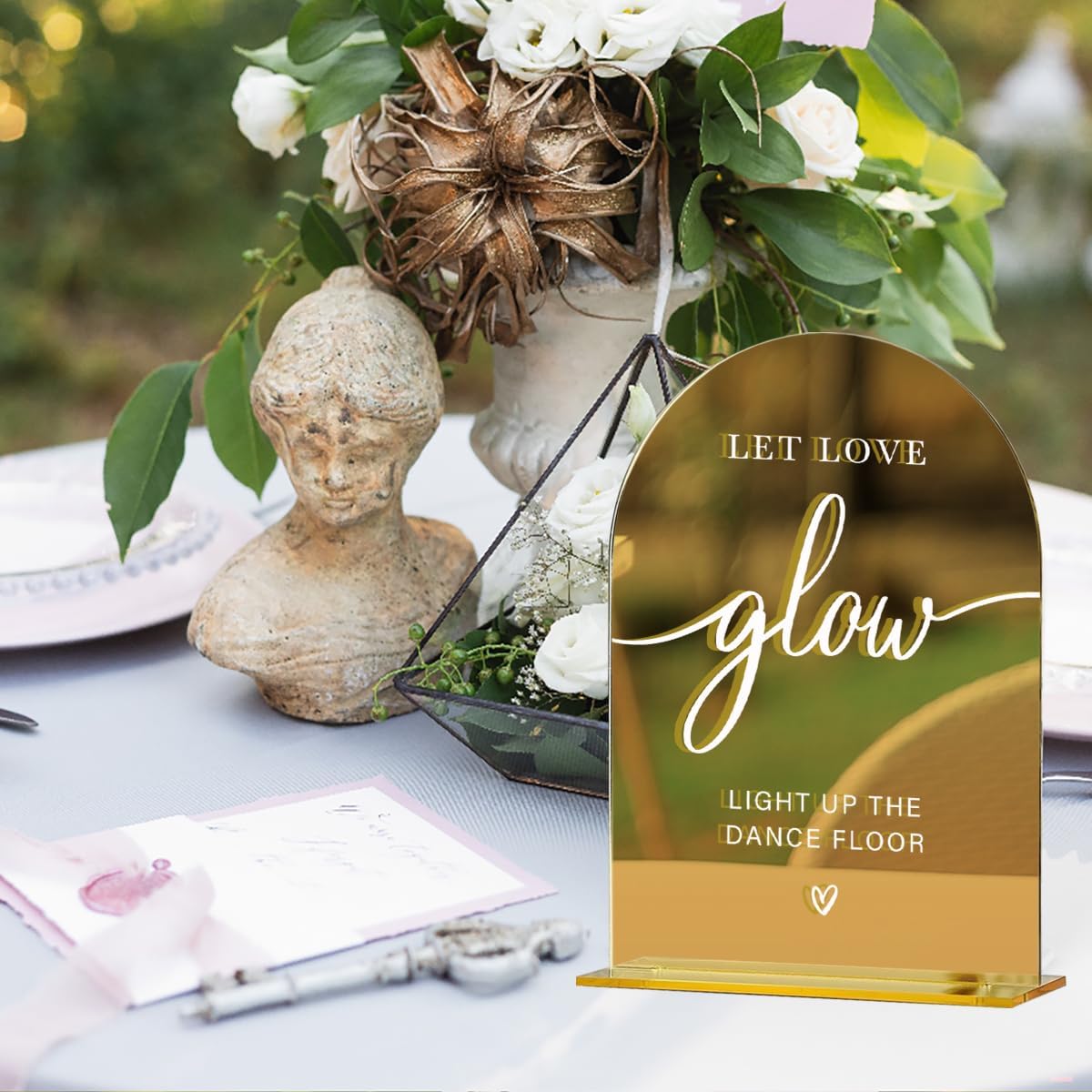 Acrylic Wedding Sign, Bridal Shower Decorations, Let Love Glow Sign for Ceremony, Modern Font Table Signs, Gold Mirror Arched Acrylic Tabletop Signs for Wedding Reception and Event Party
