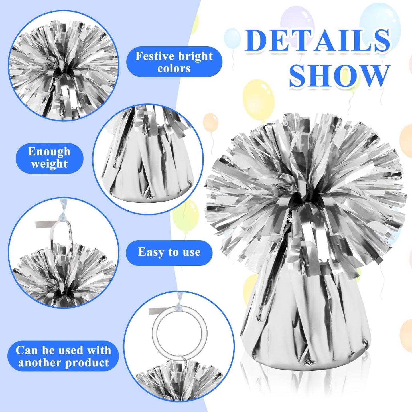 24 PCS Balloon Weights Metallic Anchor, Balloon Holder Heavy Weights with and 1 Roll Iridescent Crimped Ribbon for Balloons Table Party Favor Birthday Decor(Silver)