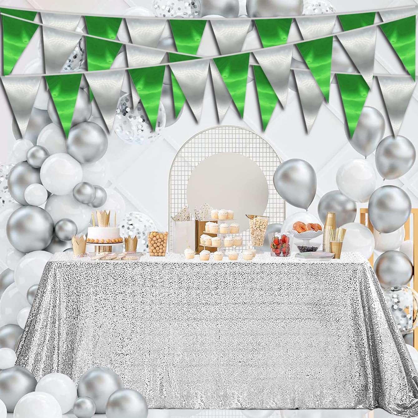 20M/65FT Green Silver Triangle Pennant Banner Flag Metallic Fabric Bunting Garland for Christmas Graduation Wedding Engagement Anniversary Bachelorette Birthday Bridal Shower Hen Party Supplies