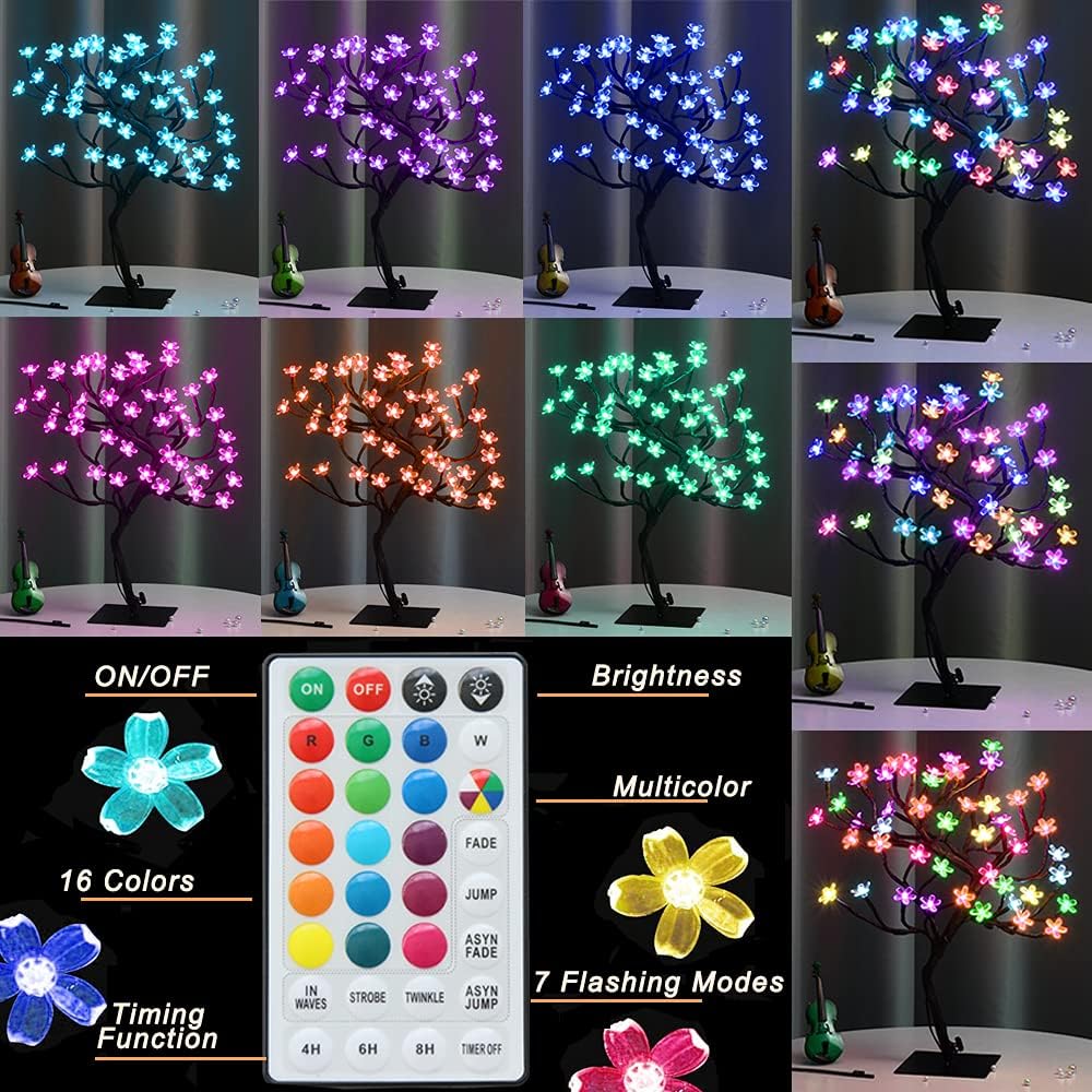 Pooqla 18 Inch 48 LED RGB Cherry Blossom Tree Light with Remote 16 Color-Changing LED Artificial Flower Bonsai Tree Table Top Lamp Home Lit Tree Centerpieces Christmas Decor