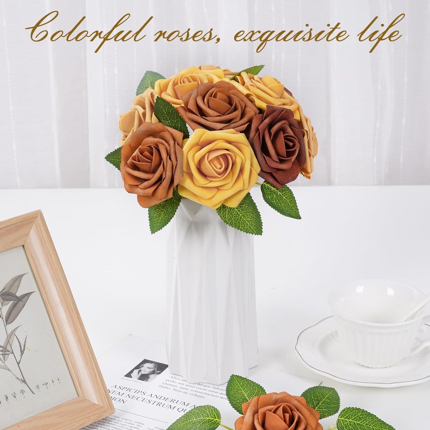 BLEUM CADE 16Pcs Artificial Flowers Fake Roses with Stems, Gradient Burnt Orange Boxed Foam Roses for DIY Bouquets Centerpieces Wedding Party Arrangement Bridal Shower Decor