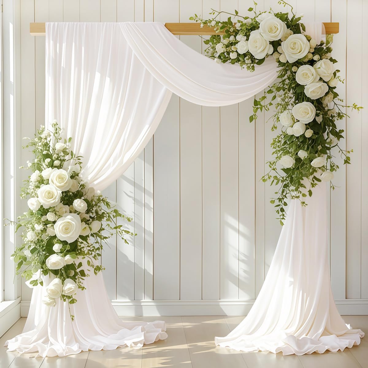 Ivory Wedding Arch Draping Fabric 2 Panels 30'' x 18FT Sheer Chiffon Arch Drapery for Photo Booth Bridal Shower Baby Shower Church Decor Newborn Photography Christening Outdoor Party
