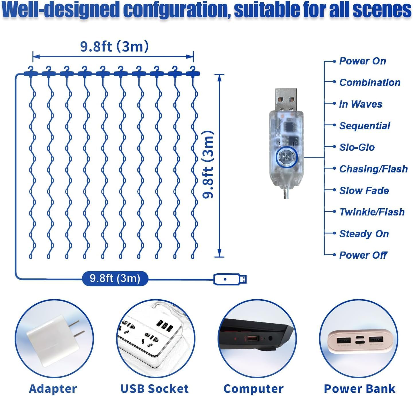 300LED Fairy Curtain Lights, 9.8x9.8Ft Warm White USB Plug in 8 Modes & Timer Christmas String Hanging Lights with Remote for Bedroom Indoor Outdoor Weddings Party Wall Decorations(Multicolor)