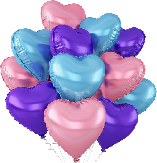 Blue Pink Purple Heart Balloons,12Pcs 18Inch Blue Purple Pink Heart Shaped Foil Helium Polyester Film Balloons for Baby Shower Birthday Anniversary Wedding Engagement Party Decorations