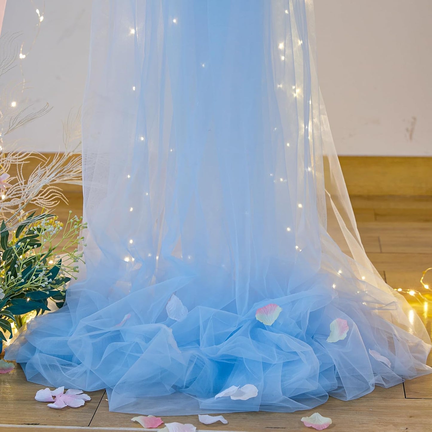 10x8ft Baby Blue Tulle Backdrop Curtains with Lights for Party Wedding Baby Shower, Sheer Drape Backdrop Curtains for Birthday Party Photo Booth Background Decoration