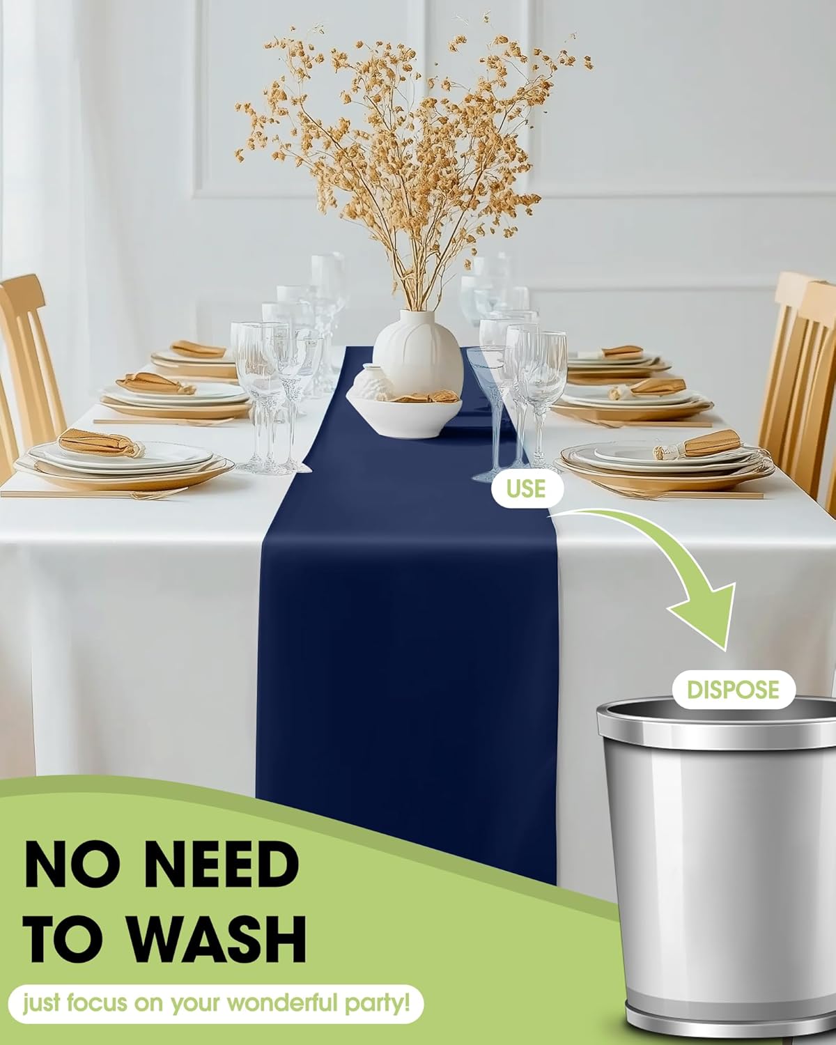 Pureegg Navy Blue Plastic Table Runners - 10 Pack, 14'' x 108'', Water Resistant & Disposable Centerpiece Decorations for Table Cloth, Wedding, Birthday, Holiday, Baby Shower, Party, Home Decor