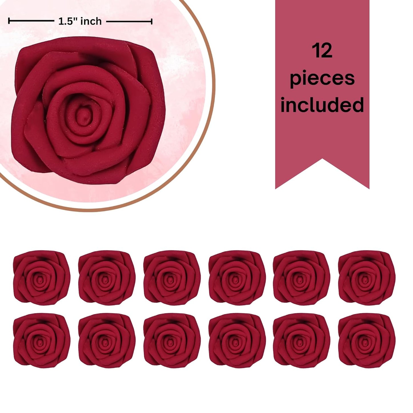 Confect Edible Deep Burgundy Rose Toppers – Edible Roses for Cake & Cupcake Decorations, Perfect for Weddings & Special Occasions- Vegan, Gluten-Free, Dairy-Free, Palm Oil-Free - Pack of 12