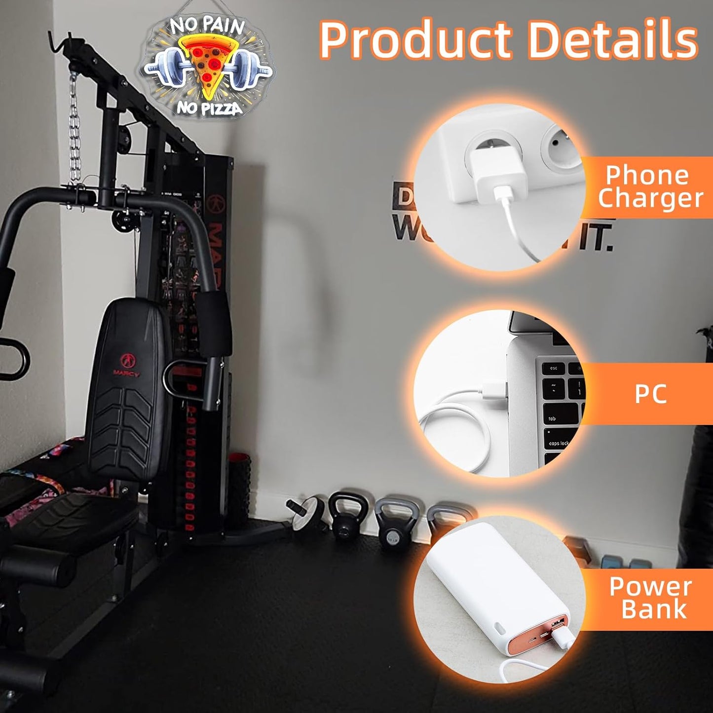 Lucunstar Gym Neon Sign No Pain No Pizza UV Printed Light Signs For Wall Decor Dimmable Dumbbell Barbell Led Lights Decoration Fitness Club Gift For Teens Sports Room USB Powered 14.57 x 12.6 inches
